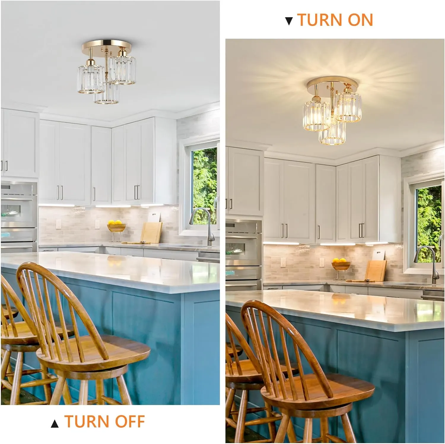 Modern Gold 3-Light Crystal Semi-Flush Mount Ceiling Light, image 3 of 9