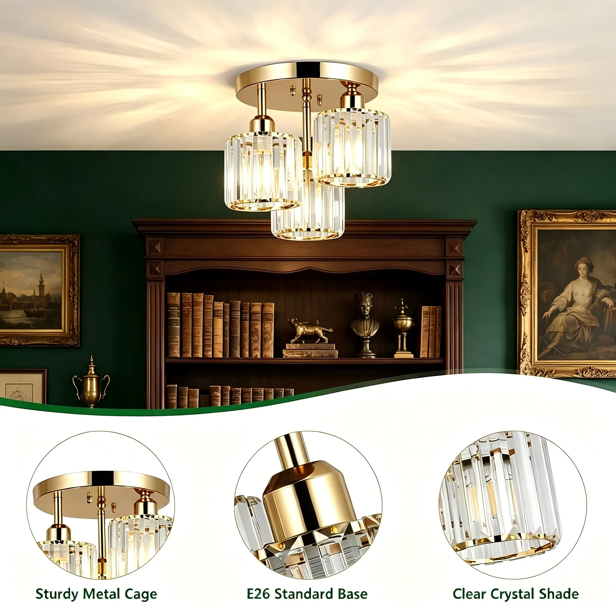 Modern Gold 3-Light Crystal Semi-Flush Mount Ceiling Light, image 4 of 9