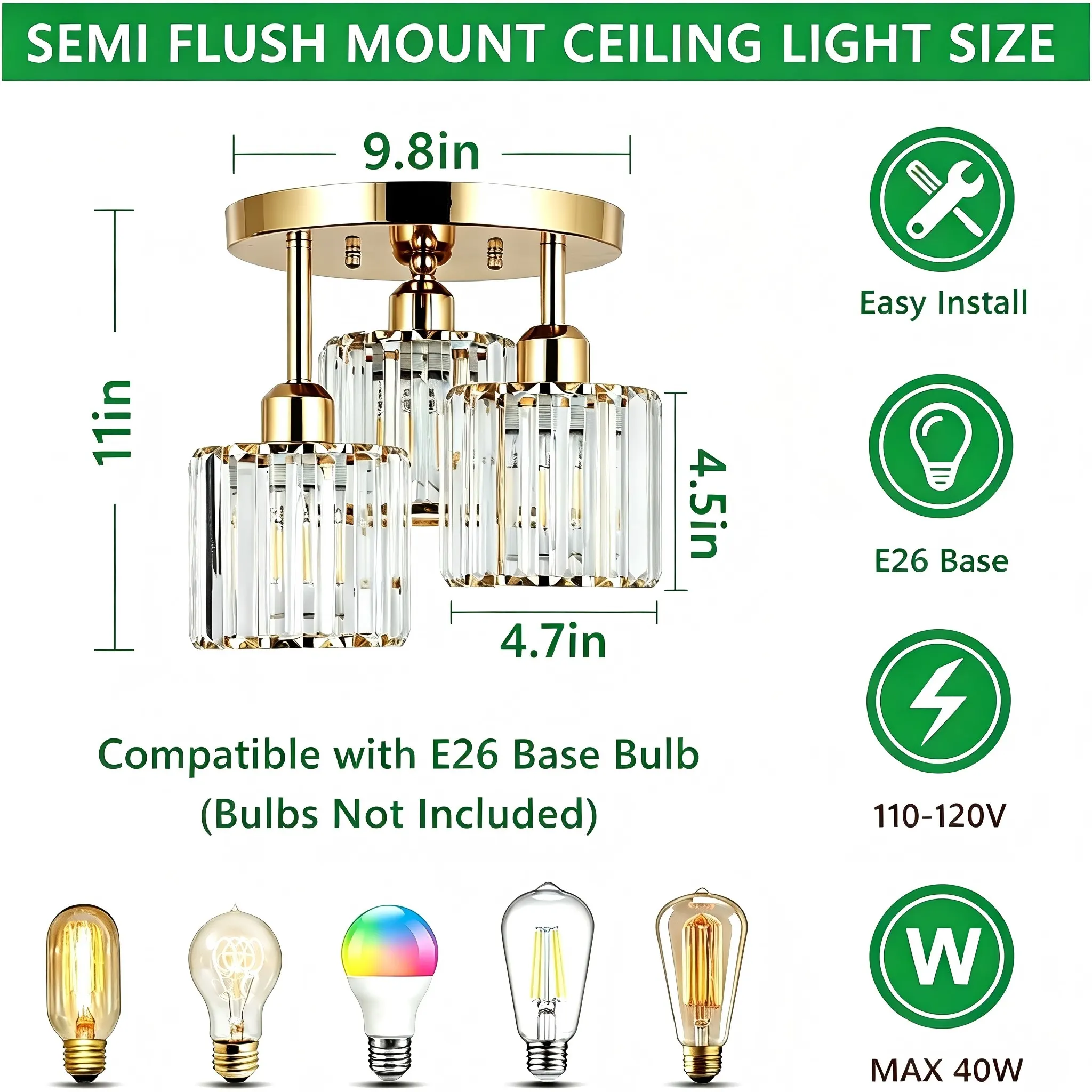 Modern Gold 3-Light Crystal Semi-Flush Mount Ceiling Light, image 6 of 9