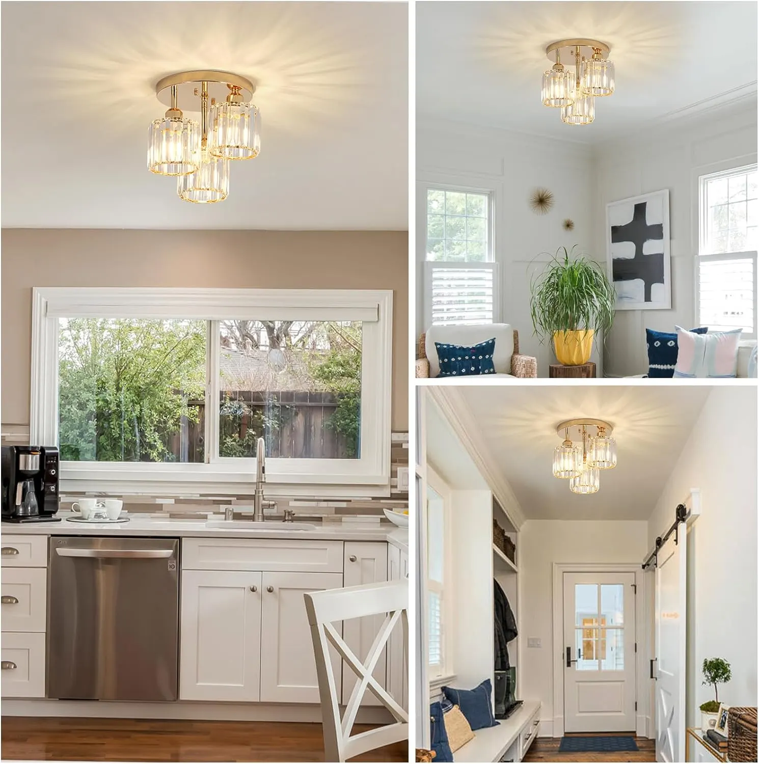 Modern Gold 3-Light Crystal Semi-Flush Mount Ceiling Light, image 7 of 9