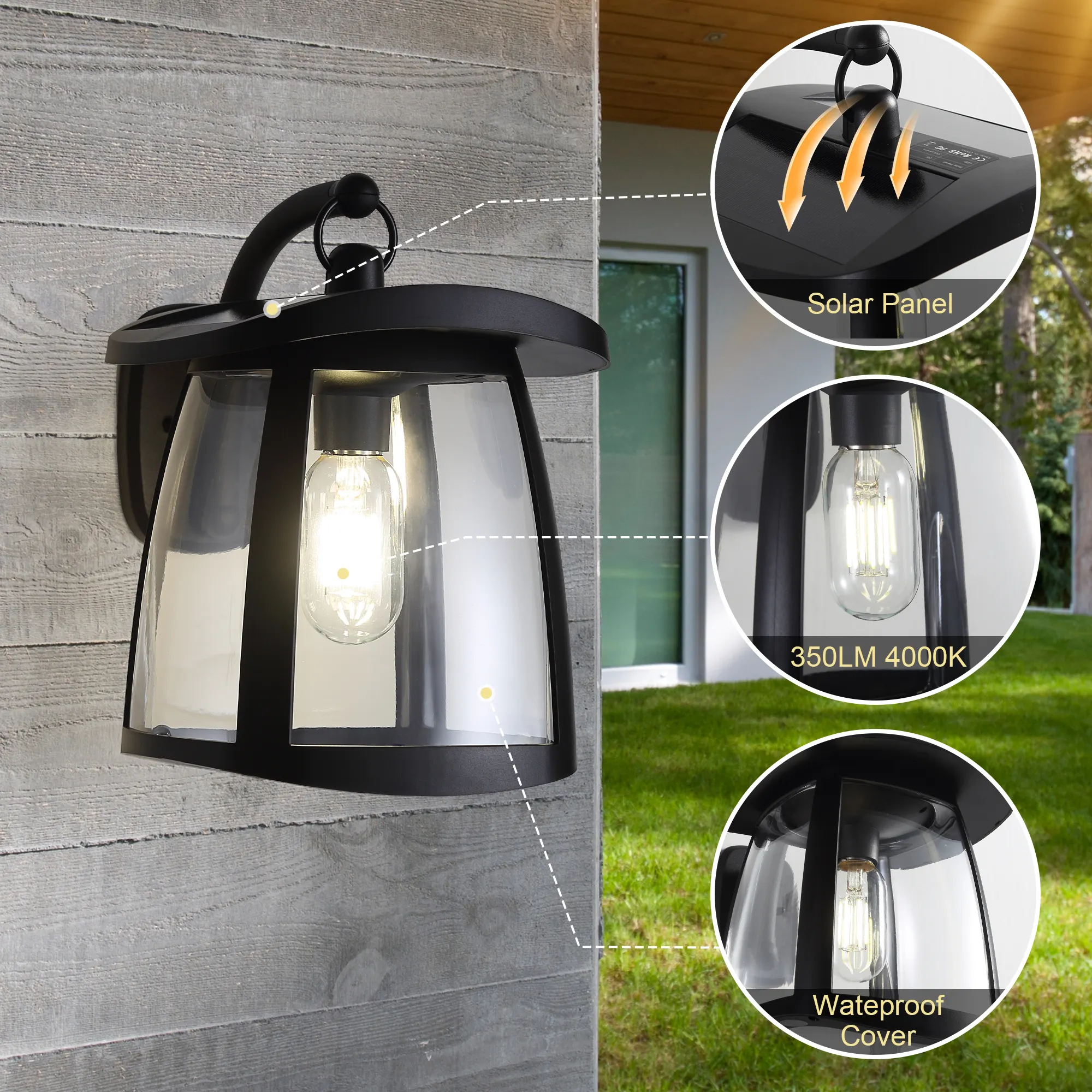 Black Outdoor Wall Lantern, Solar, image 4 of 5