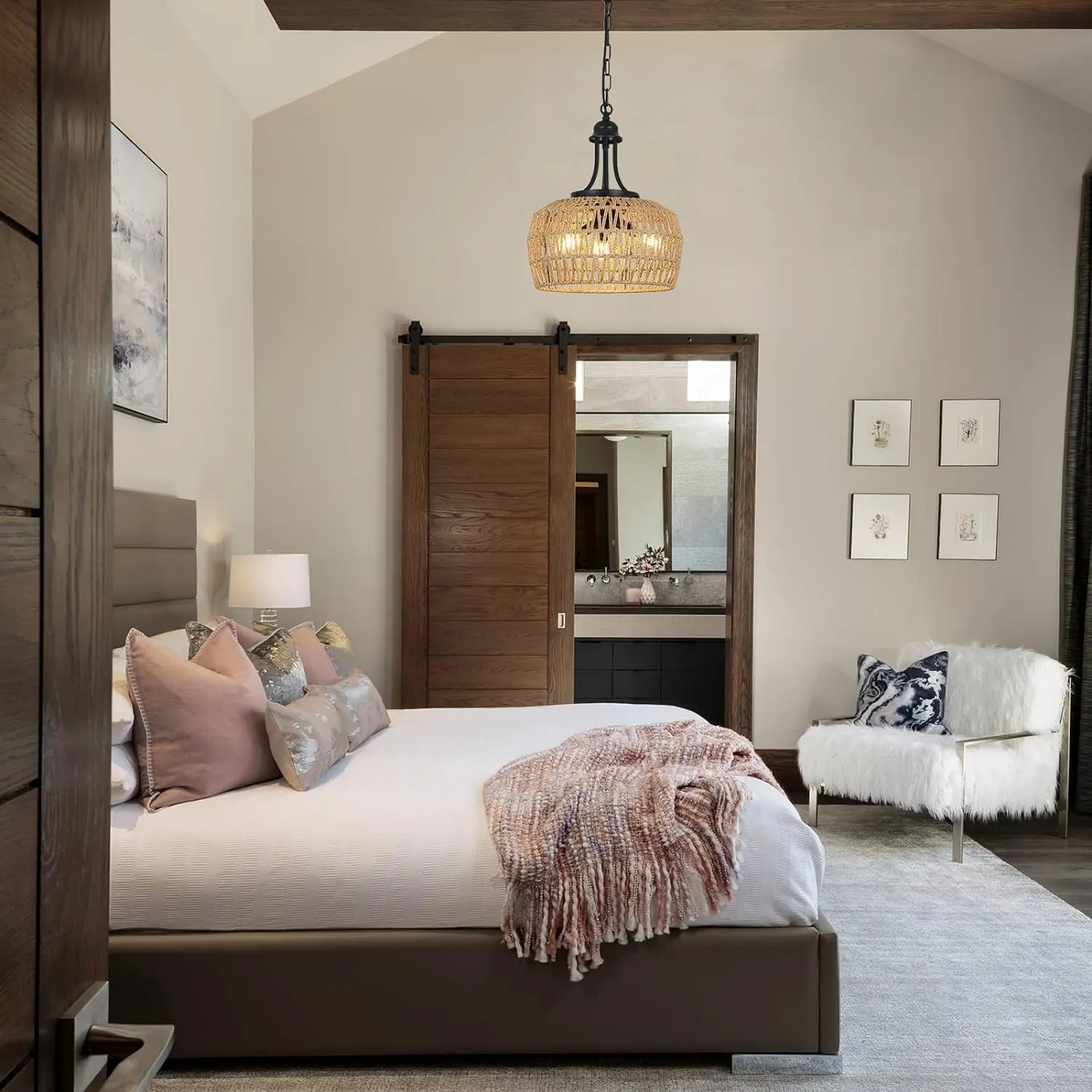 Boho Rattan 3-Light Chandelier, image 2 of 8