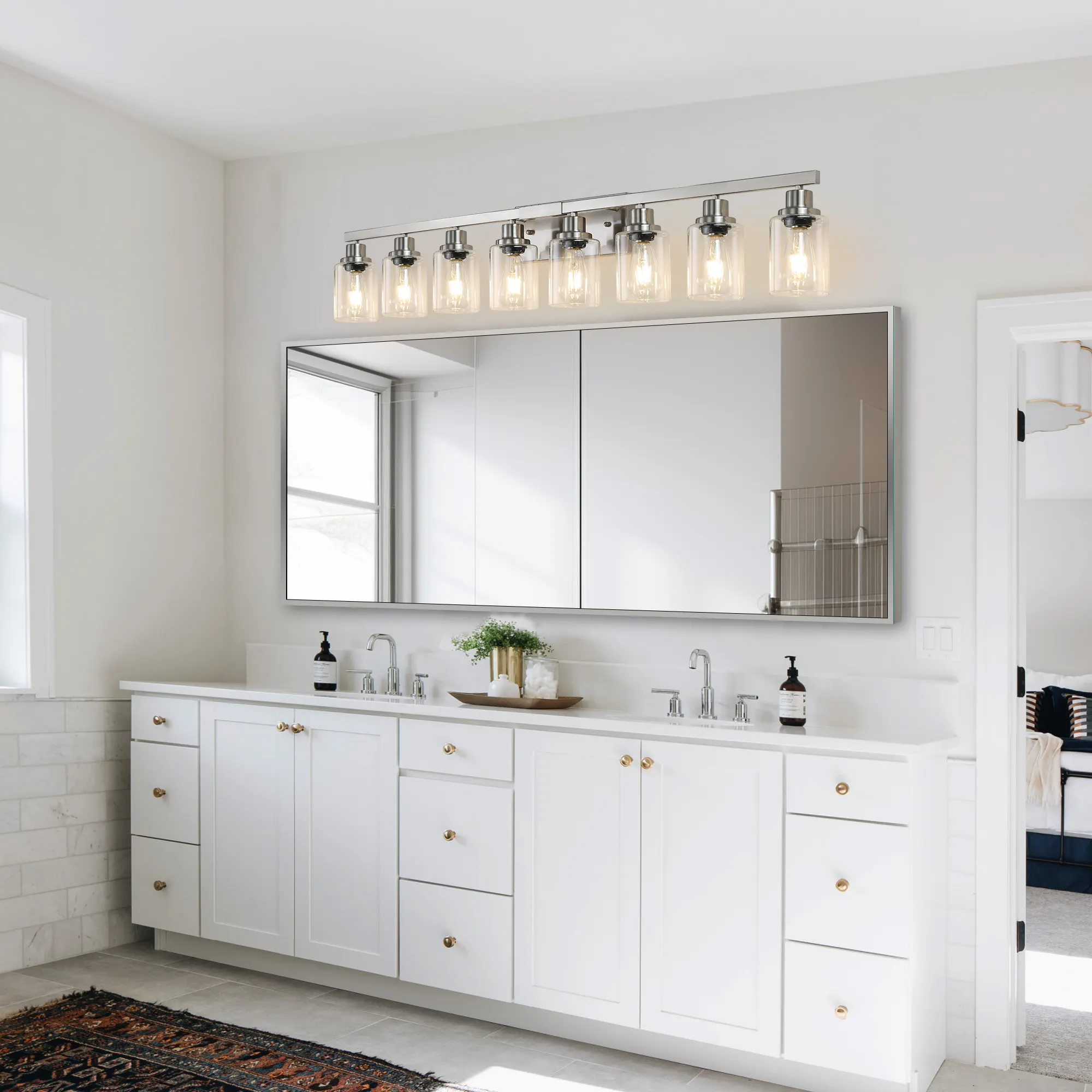 Modern Brushed Nickel 8-Light Clear Glass Vanity Light, 51 in