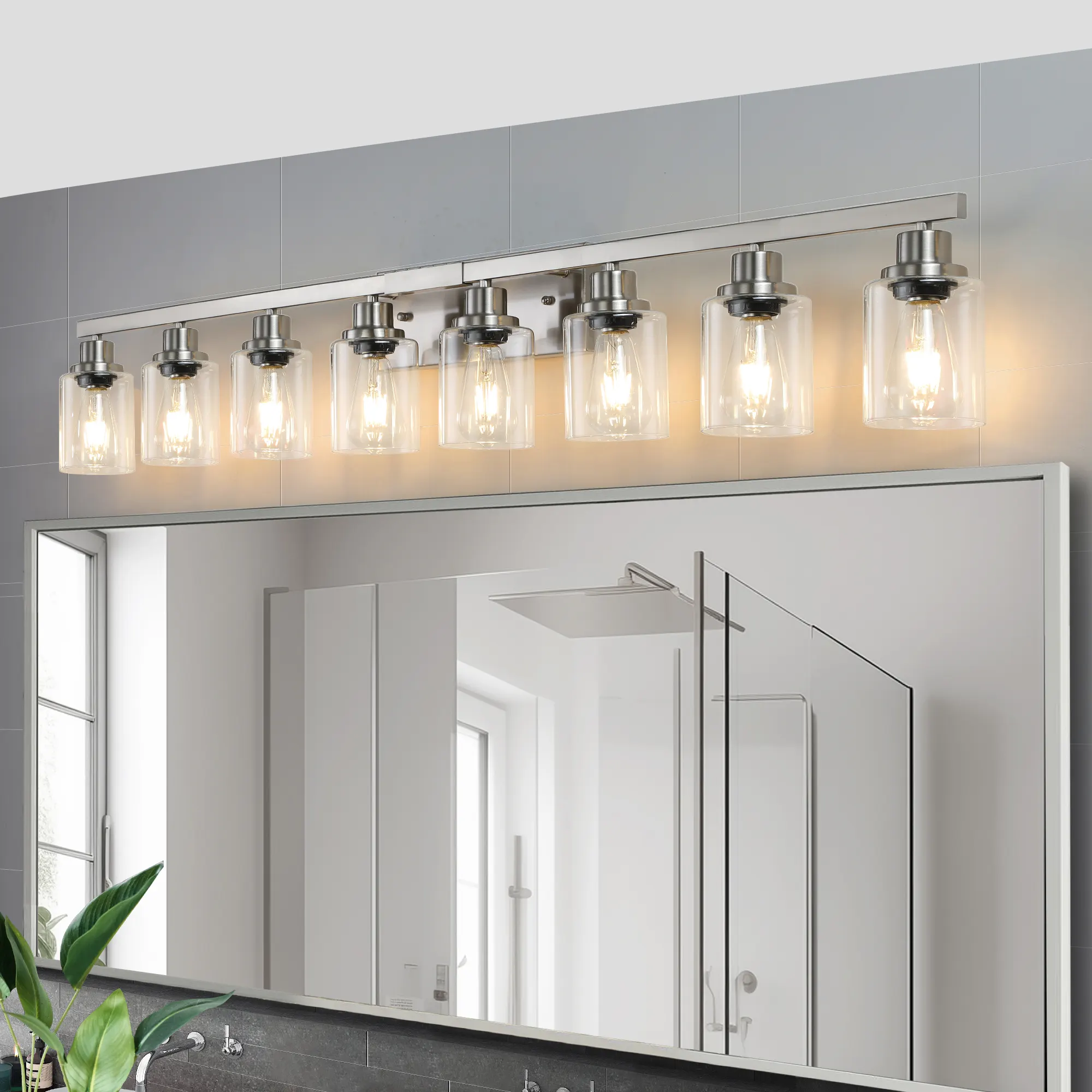 Modern Brushed Nickel 8-Light Clear Glass Vanity Light, 51 in, image 3 of 11