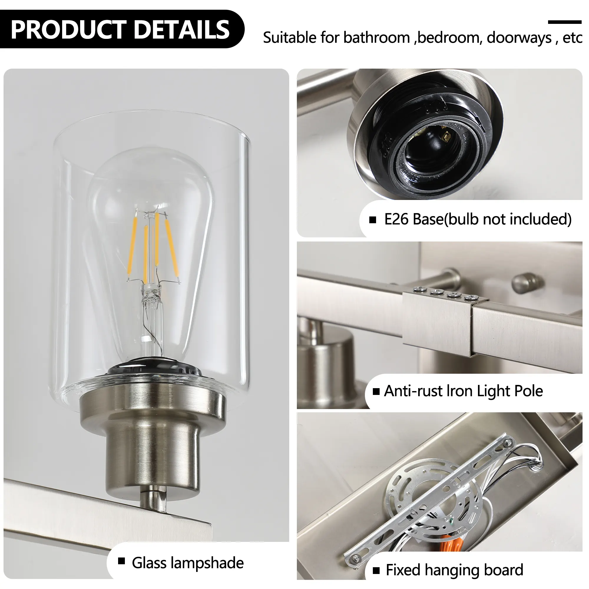 Modern Brushed Nickel 8-Light Clear Glass Vanity Light, 51 in, image 6 of 11