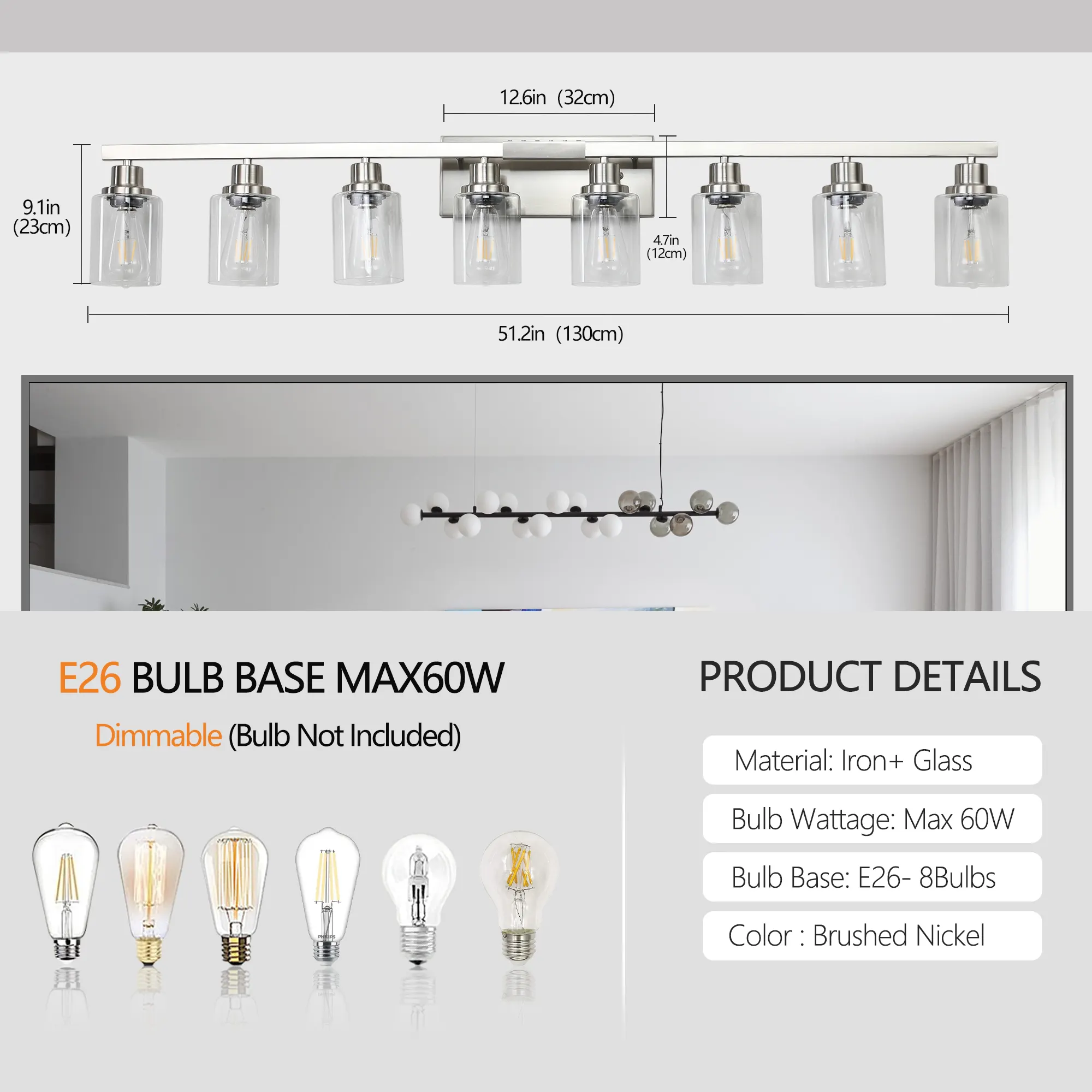 Modern Brushed Nickel 8-Light Clear Glass Vanity Light, 51 in, image 8 of 11