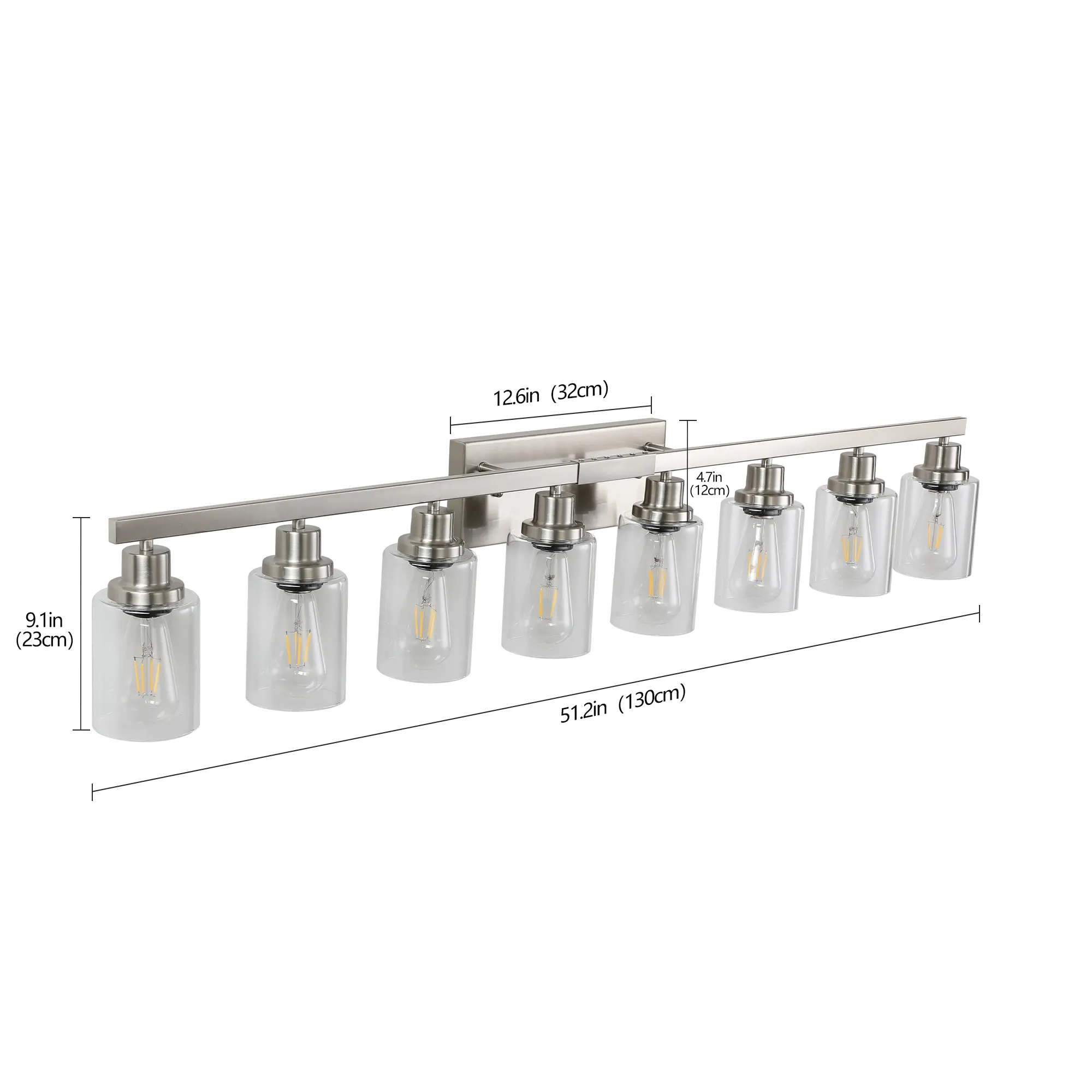 Modern Brushed Nickel 8-Light Clear Glass Vanity Light, 51 in, image 9 of 11