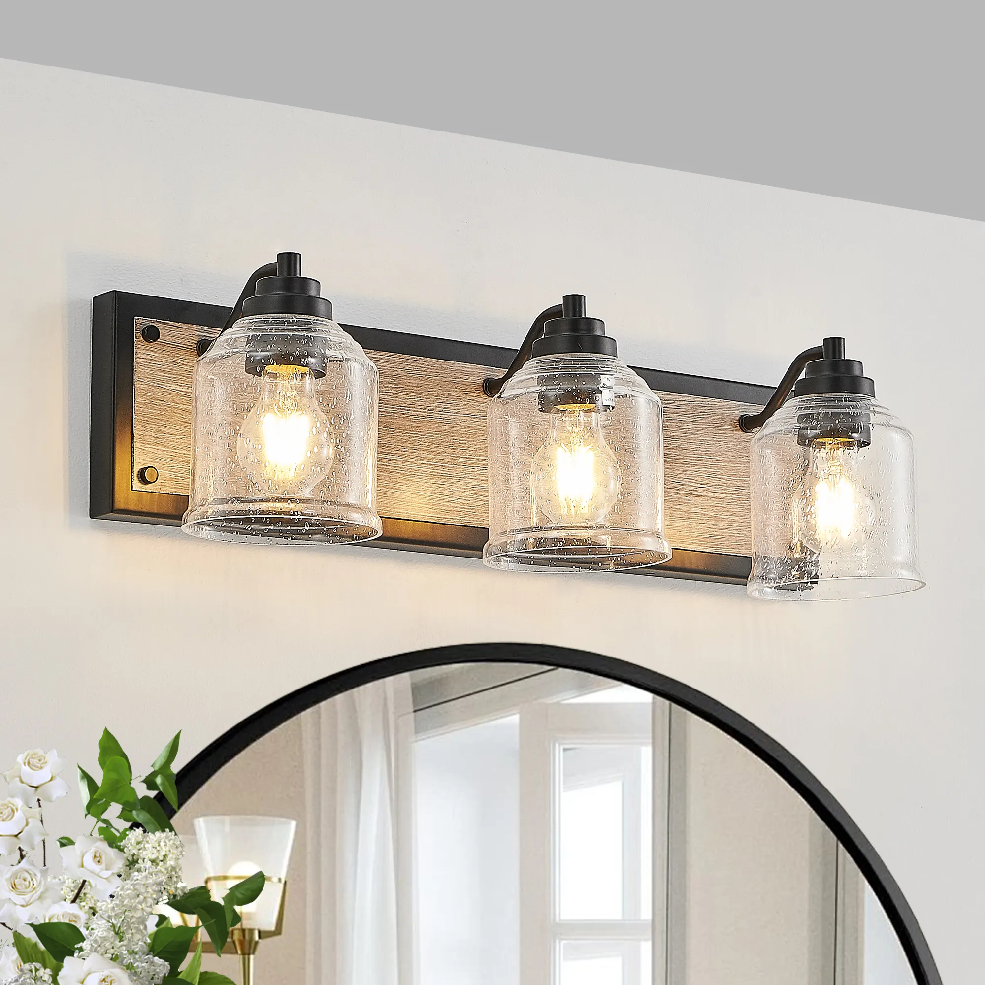 Modern Black 3-Light Seeded Glass Vanity Light, 23 in