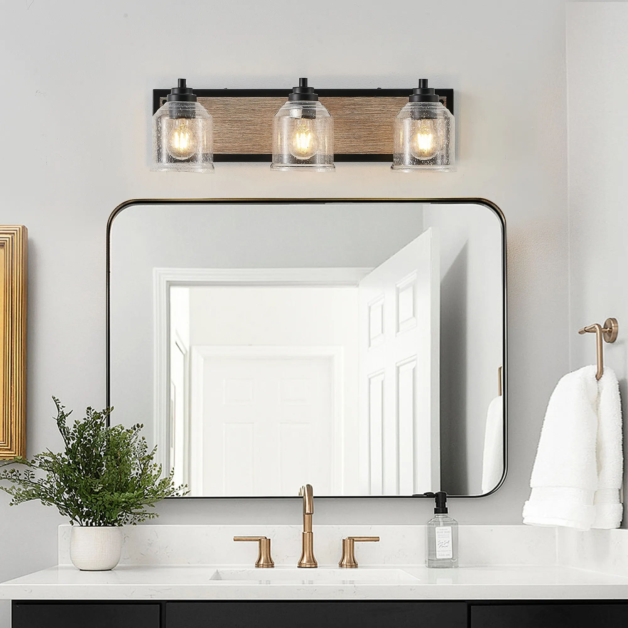 Modern Black 3-Light Seeded Glass Vanity Light, 23 in, image 3 of 10