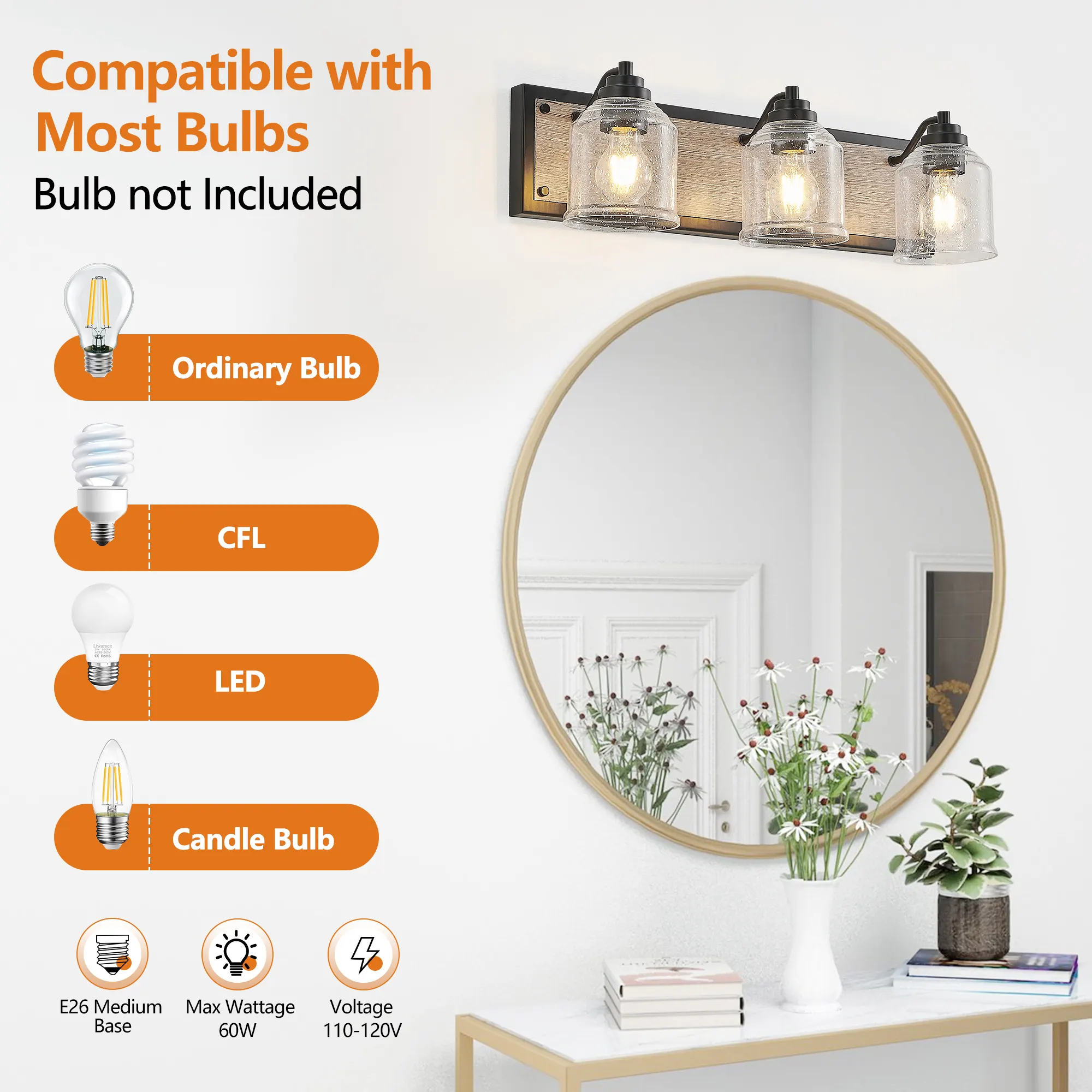 Modern Black 3-Light Seeded Glass Vanity Light, 23 in, image 8 of 10