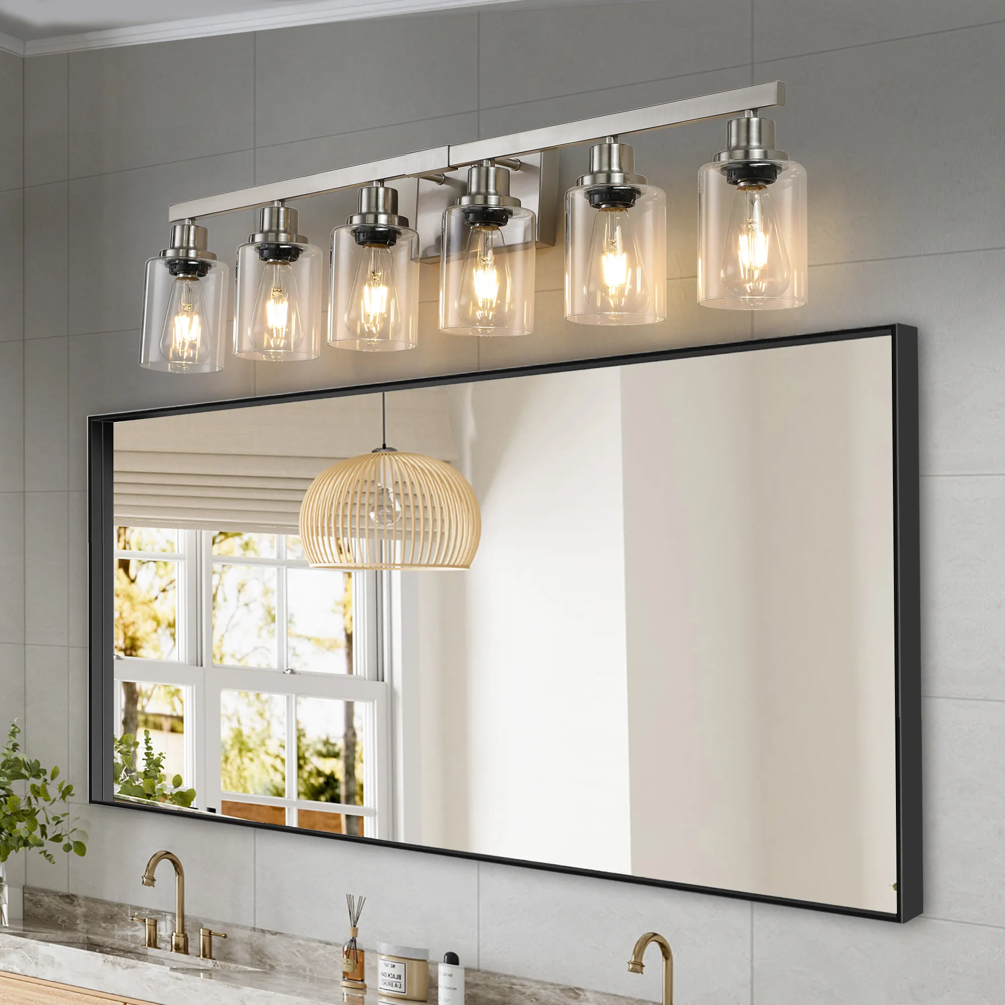 Modern Brushed Nickel 6-Light Clear Glass Vanity Light, 37 in