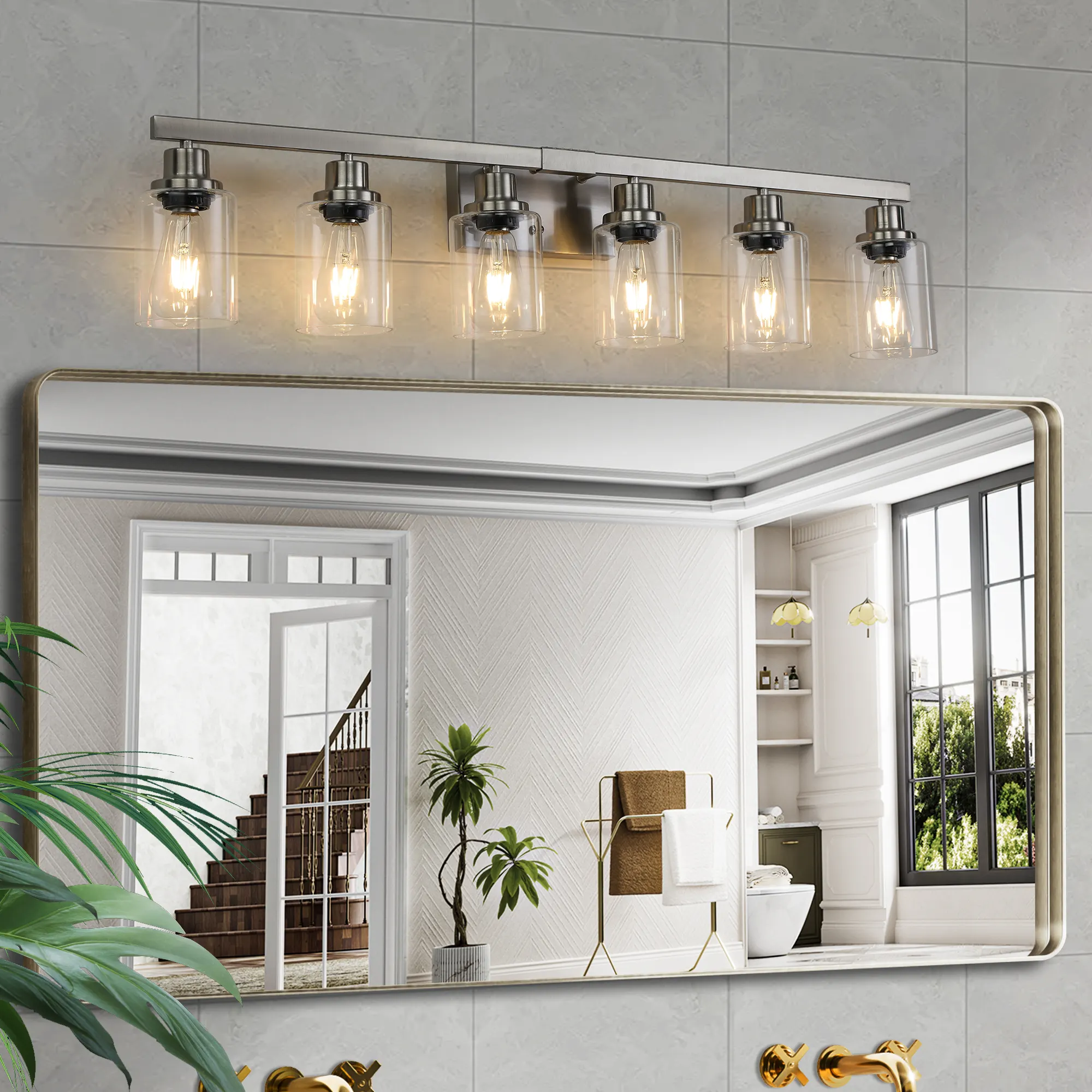 Modern Brushed Nickel 6-Light Clear Glass Vanity Light, 37 in, image 2 of 10