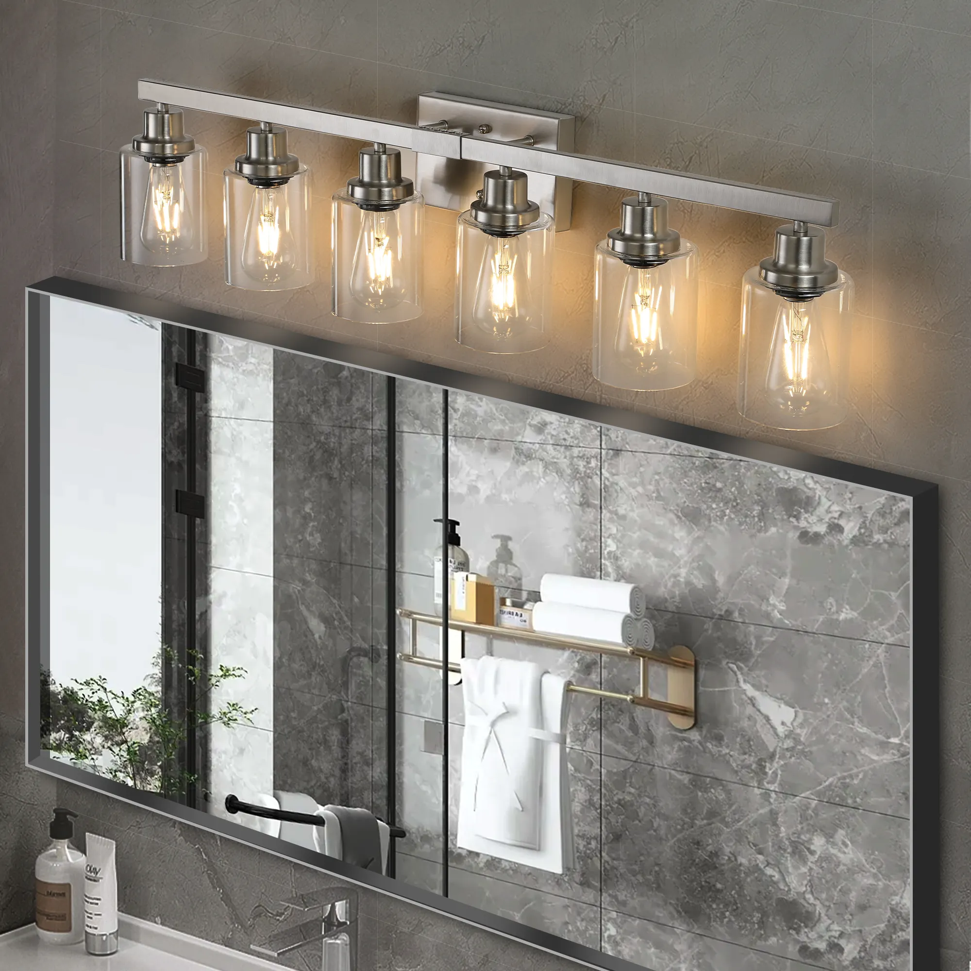 Modern Brushed Nickel 6-Light Clear Glass Vanity Light, 37 in, image 3 of 10