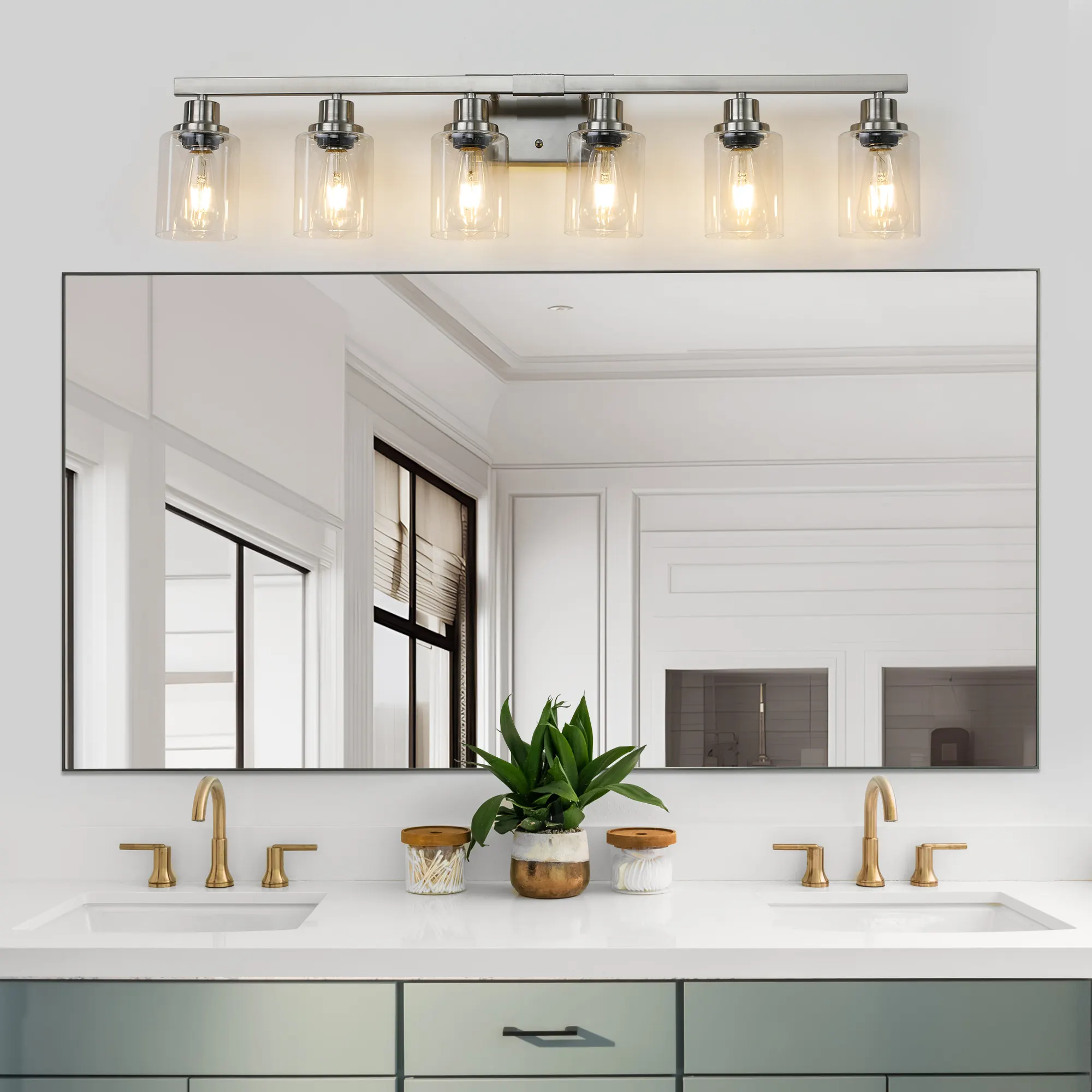 Modern Brushed Nickel 6-Light Clear Glass Vanity Light, 37 in, image 4 of 10