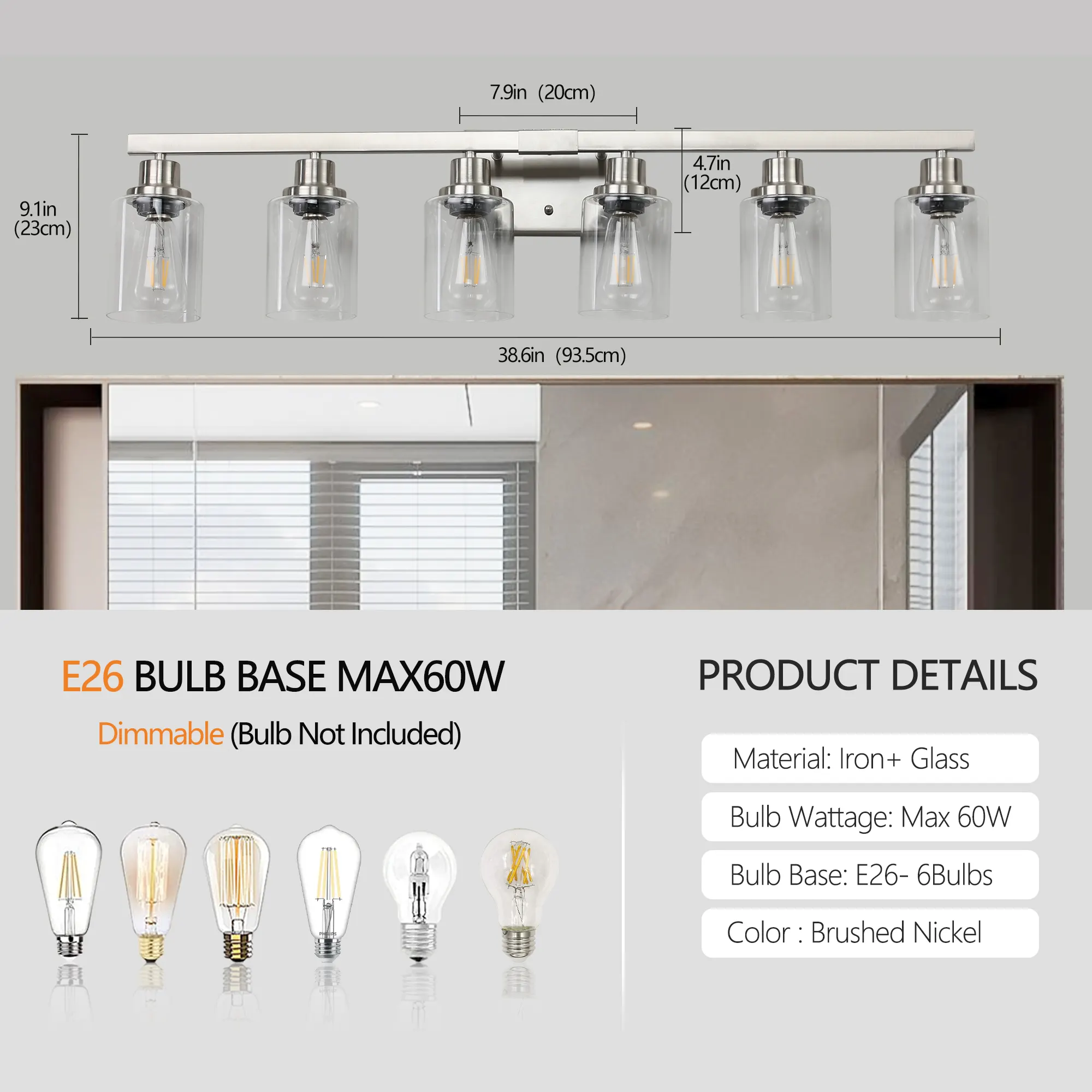 Modern Brushed Nickel 6-Light Clear Glass Vanity Light, 37 in, image 8 of 10