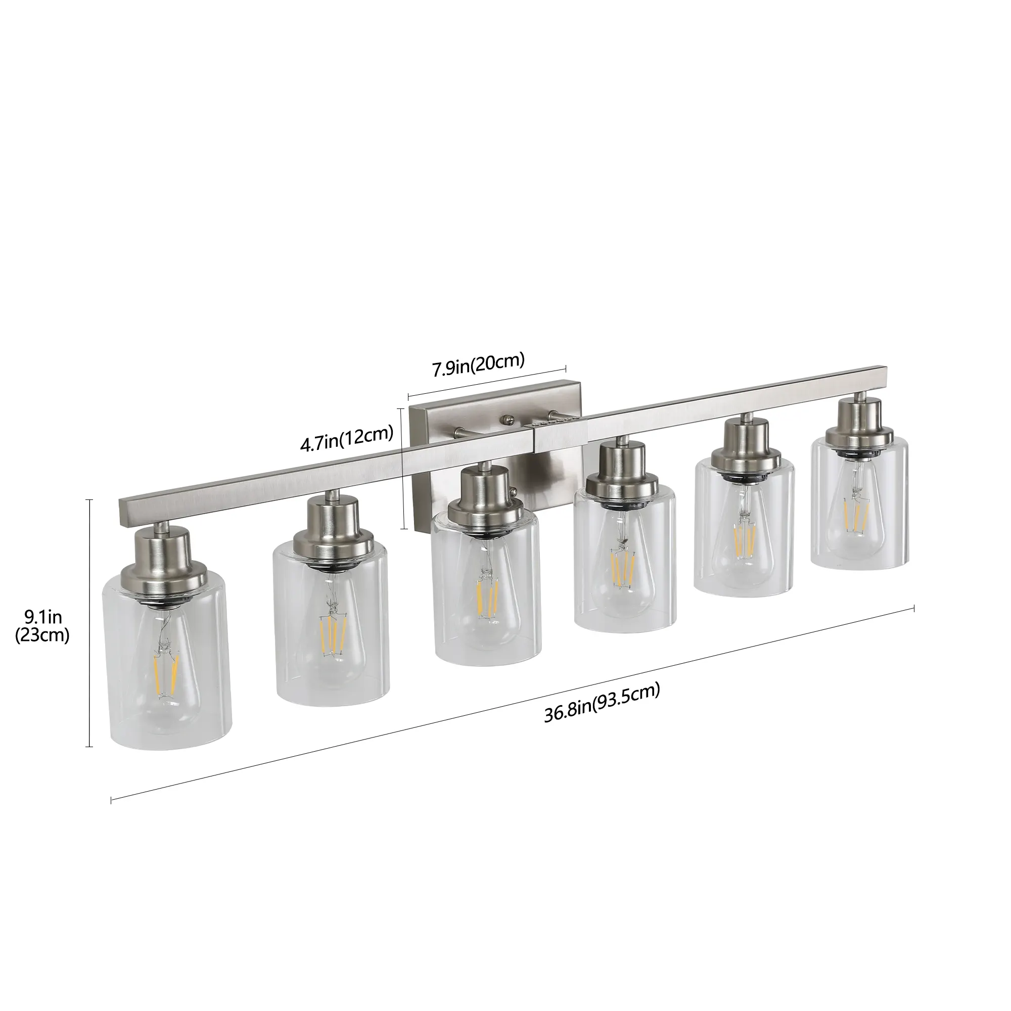 Modern Brushed Nickel 6-Light Clear Glass Vanity Light, 37 in, image 9 of 10