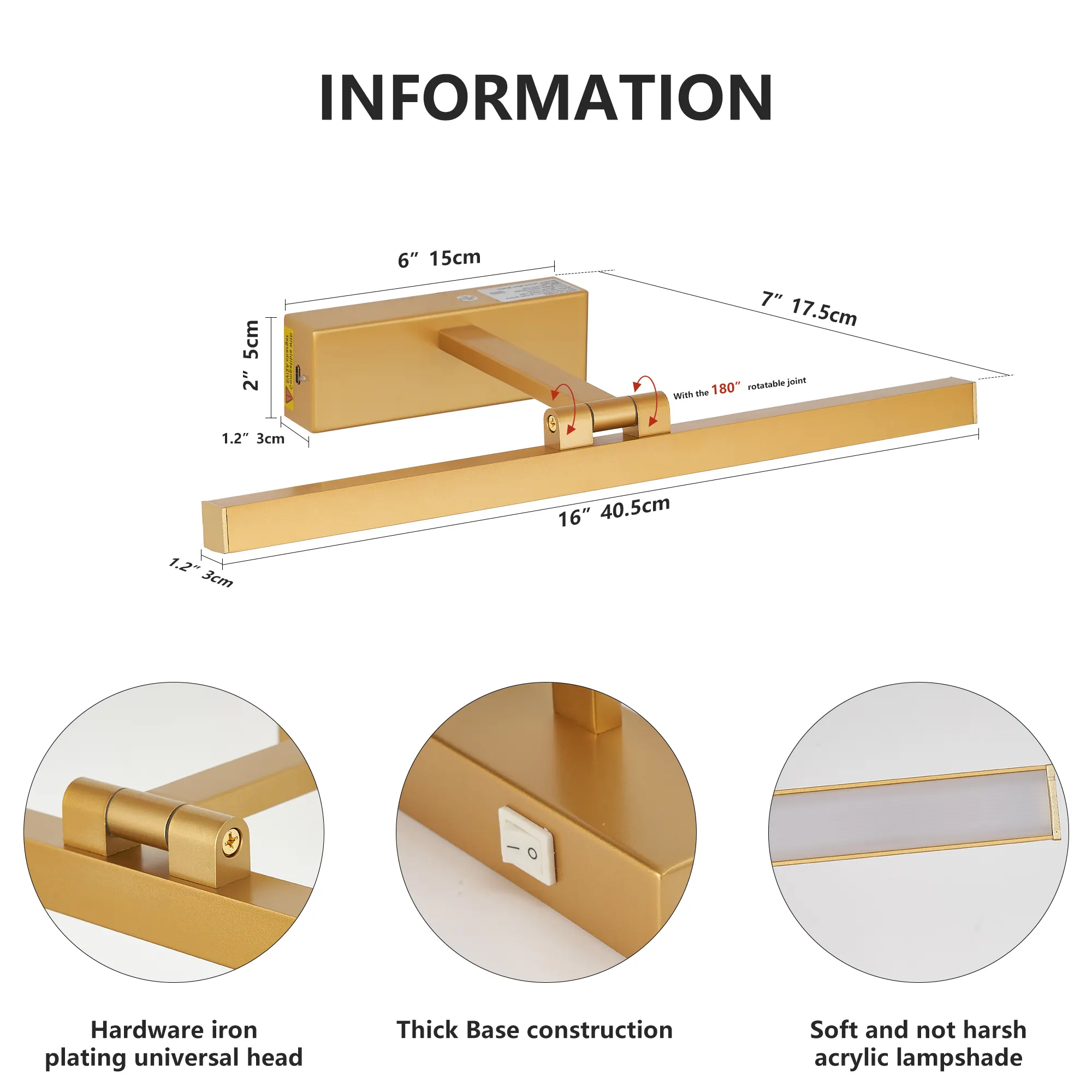 Modern Gold Vanity Light, 16 in · Dimmable, image 6 of 8
