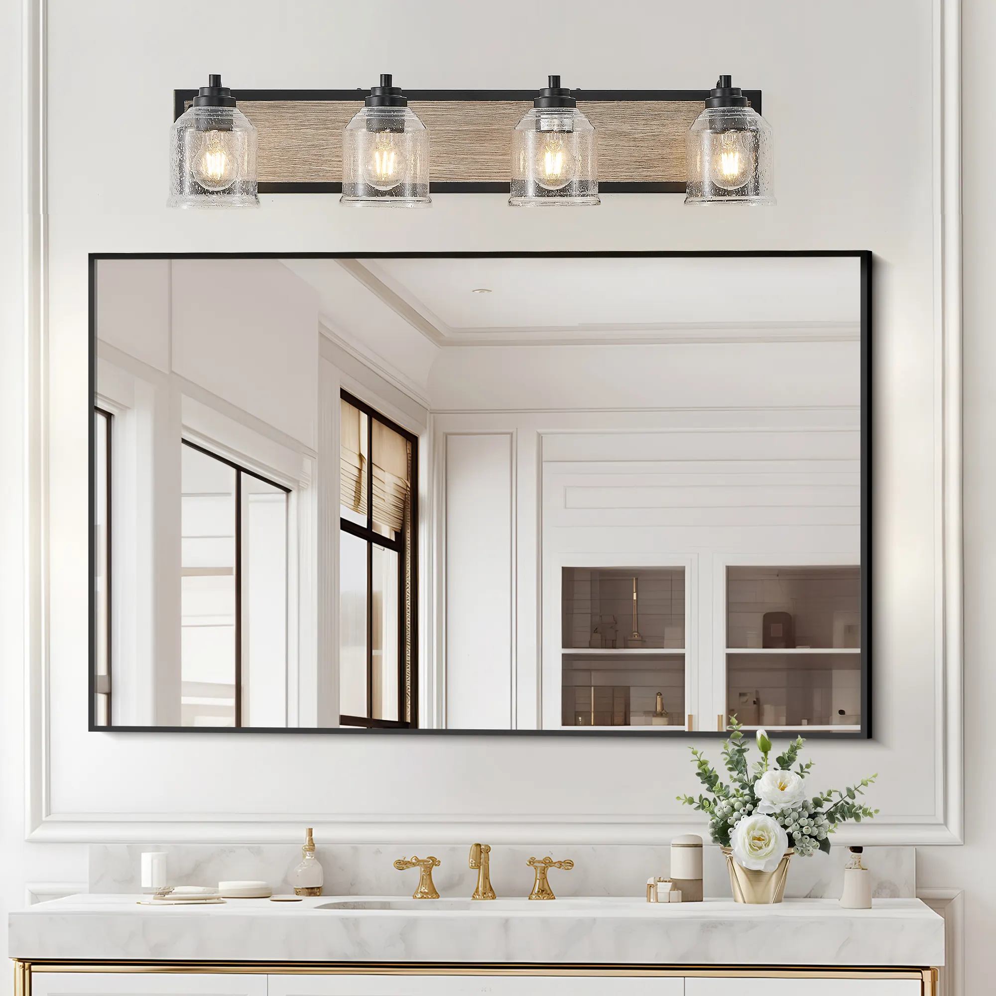 Modern Black 4-Light Seeded Glass Vanity Light, 32 in, image 7 of 10