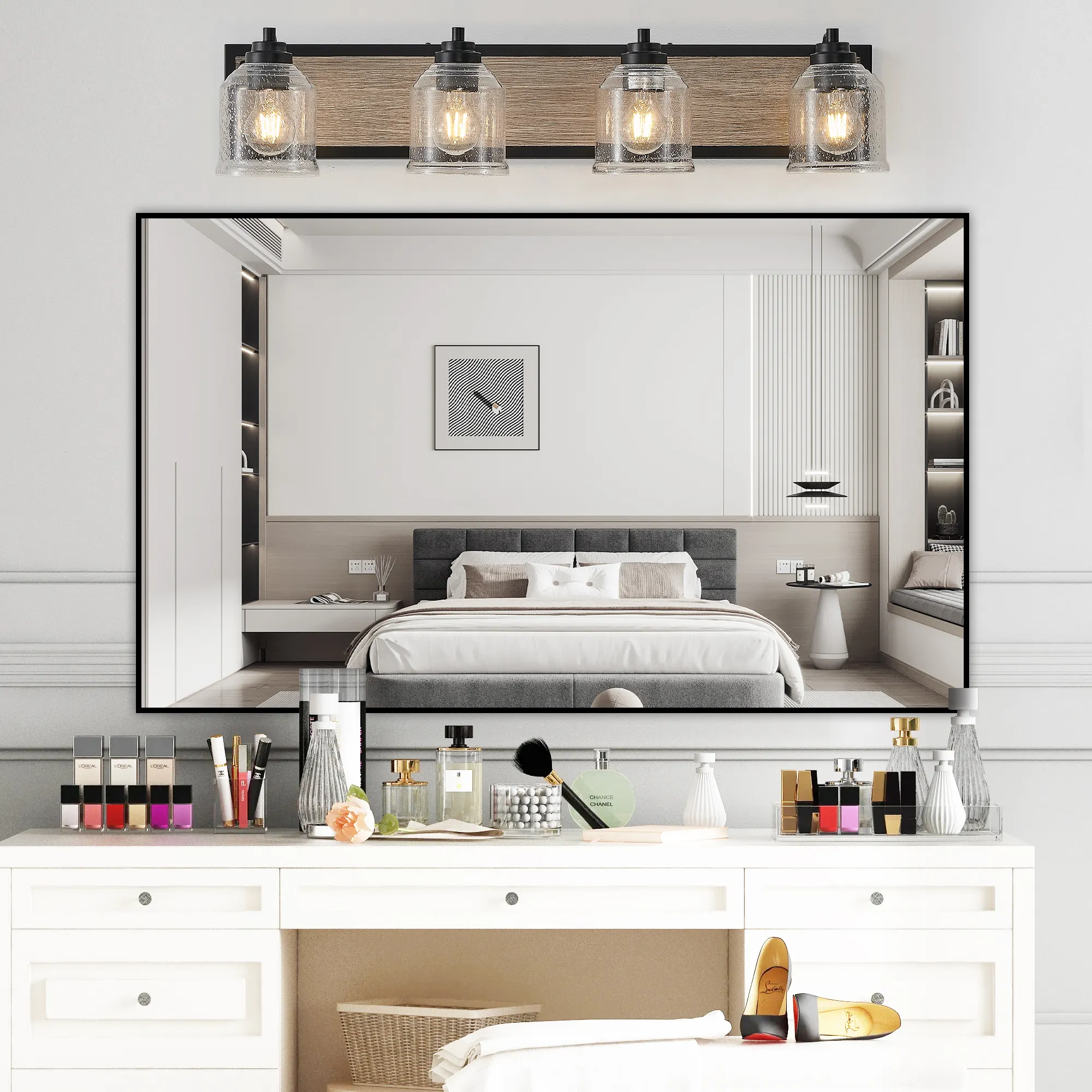 Modern Black 4-Light Seeded Glass Vanity Light, 32 in, image 2 of 10
