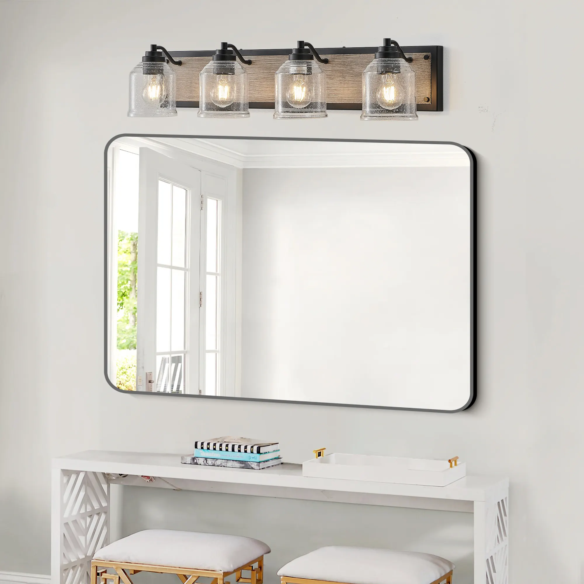 Modern Black 4-Light Seeded Glass Vanity Light, 32 in