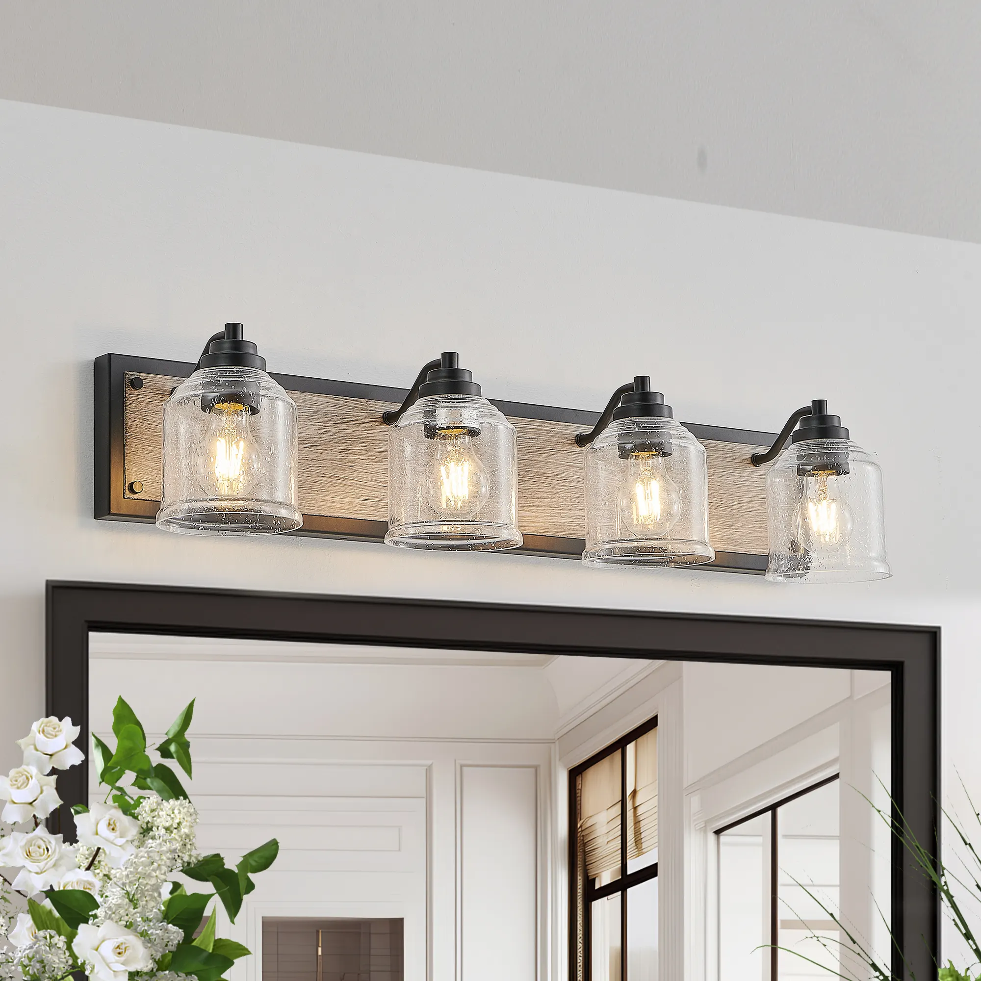 Modern Black 4-Light Seeded Glass Vanity Light, 32 in, image 3 of 10
