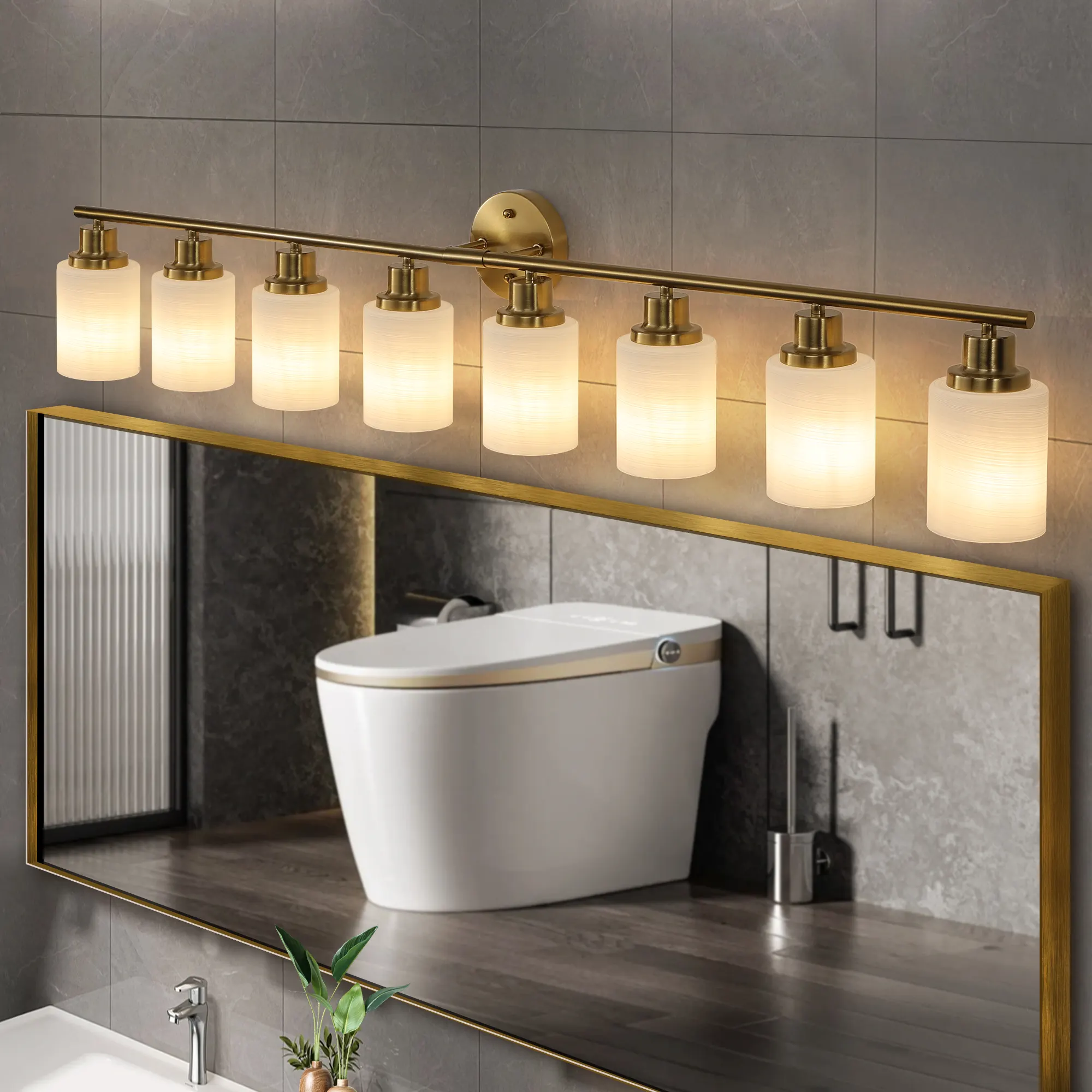 Modern Gold 8-Light Frosted Glass Vanity Light, 52 in