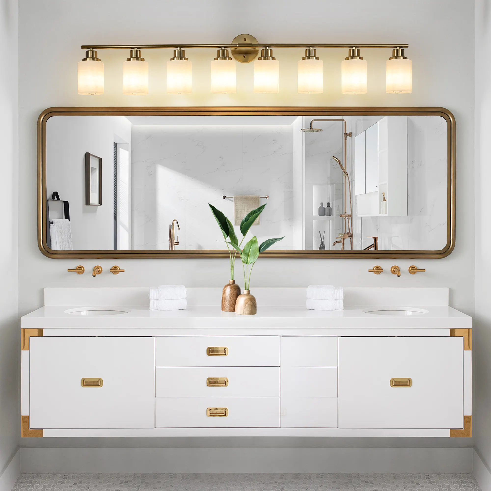 Modern Gold 8-Light Frosted Glass Vanity Light, 52 in, image 3 of 10