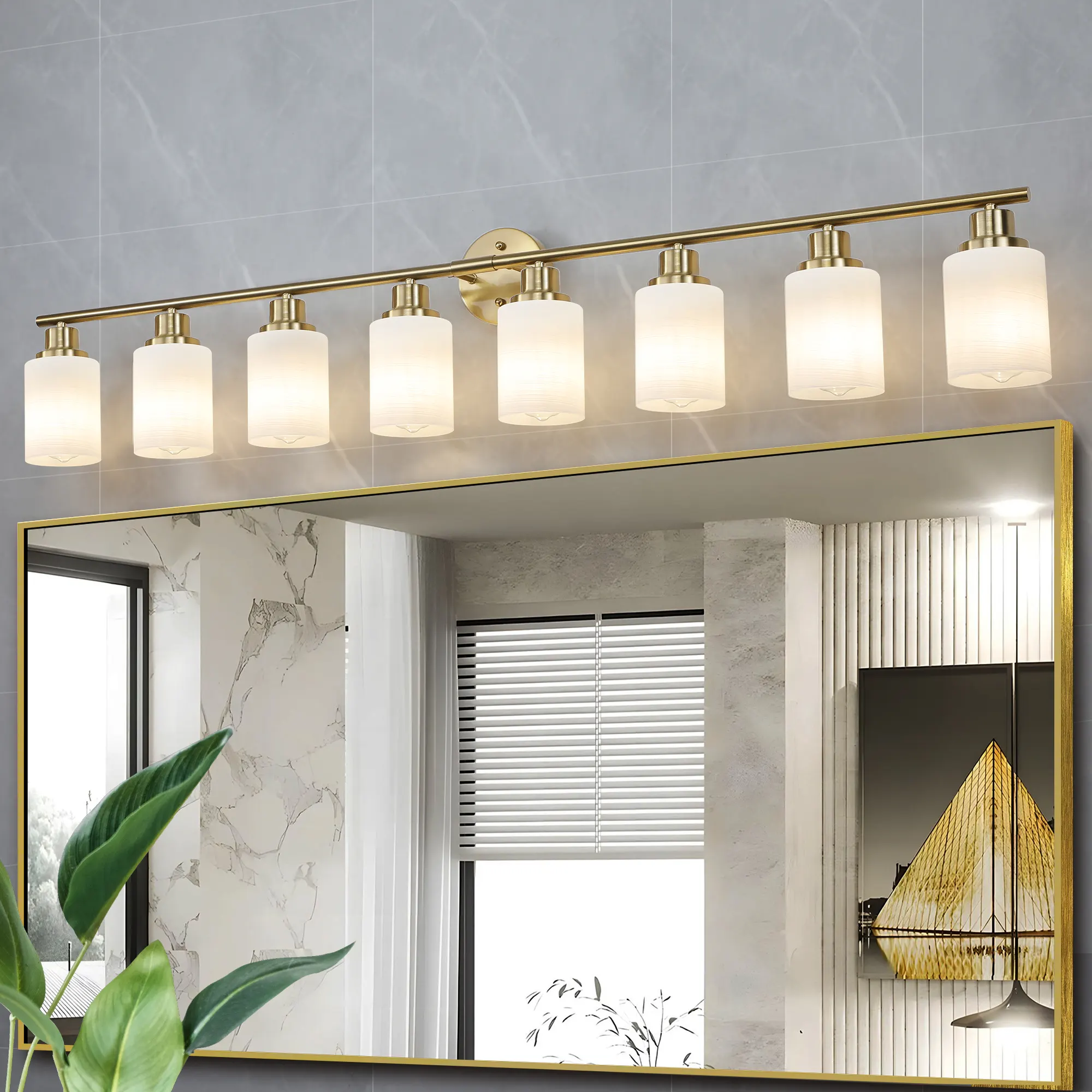 Modern Gold 8-Light Frosted Glass Vanity Light, 52 in, image 4 of 10