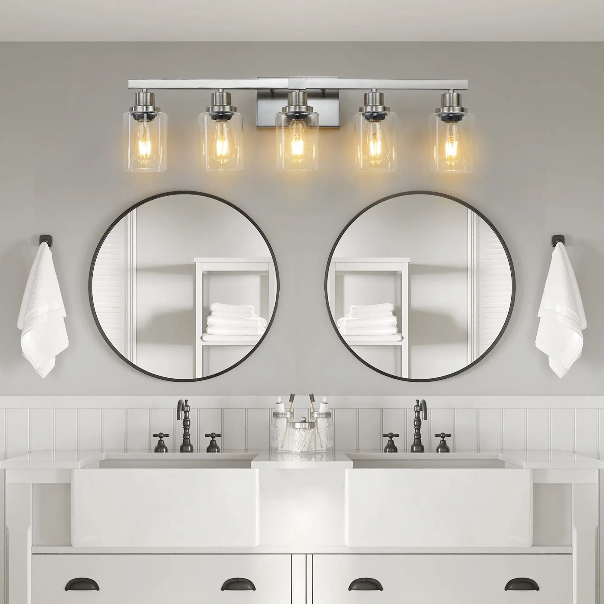 Modern Brushed Nickel 5-Light Clear Glass Vanity Light, 31 in