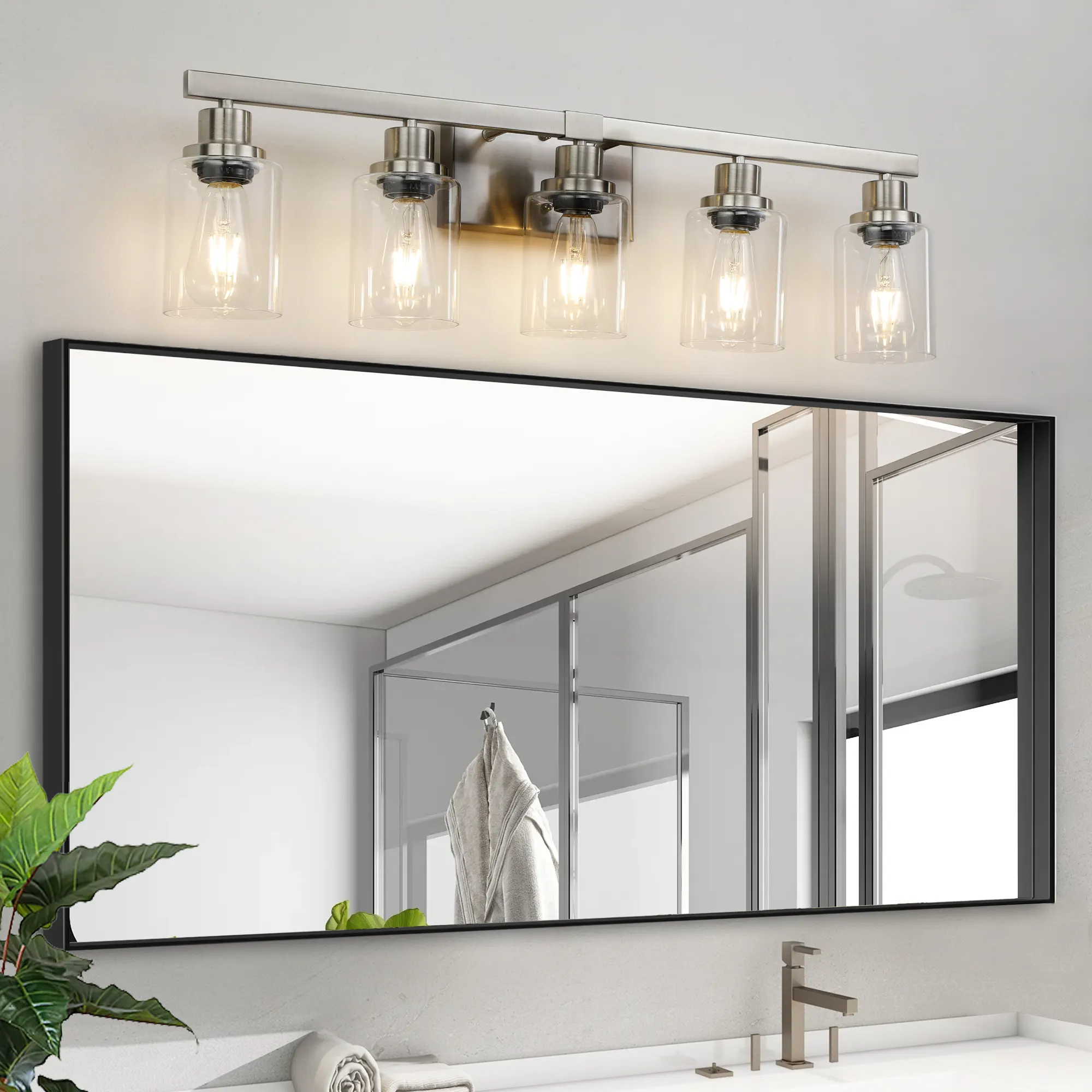 Modern Brushed Nickel 5-Light Clear Glass Vanity Light, 31 in, image 2 of 11