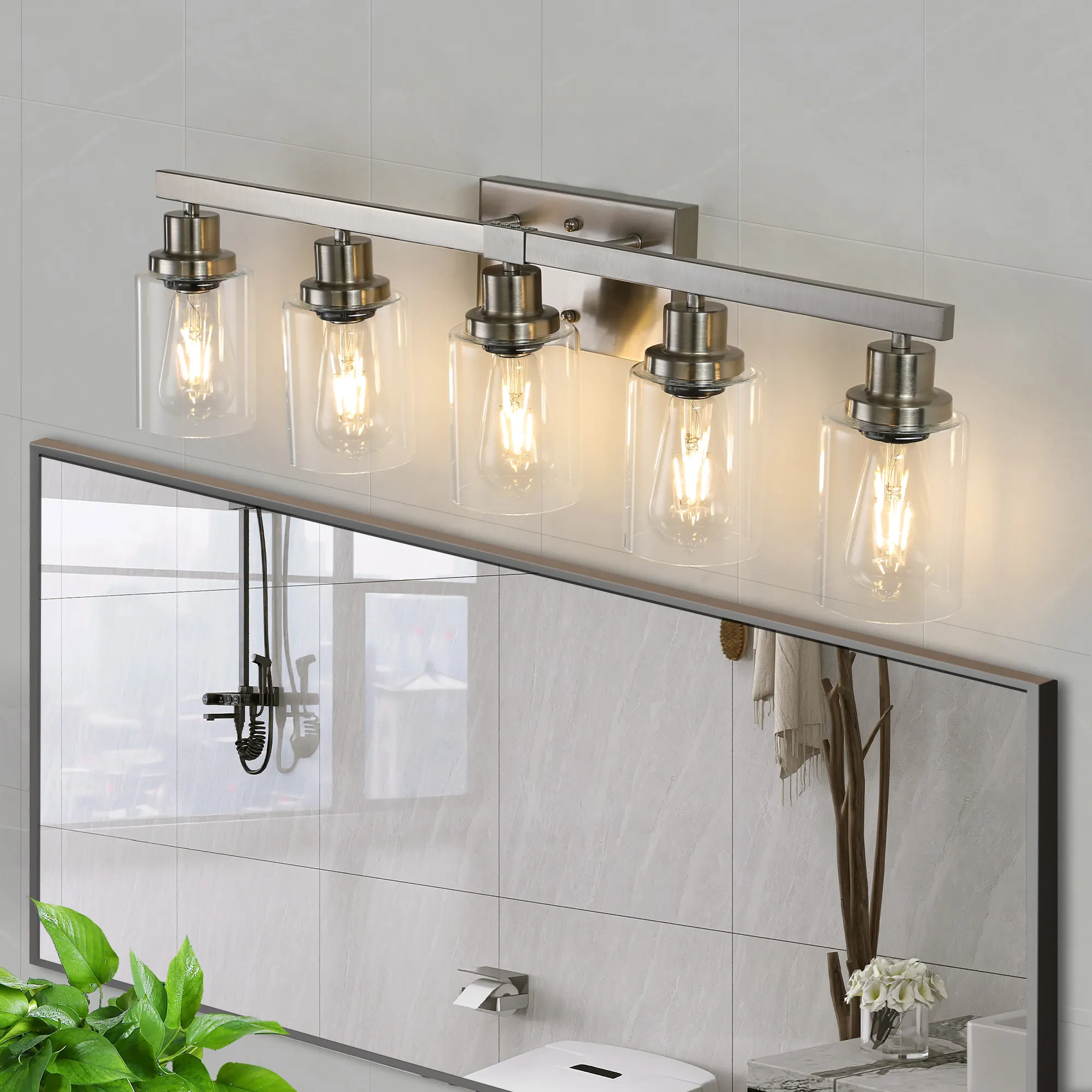 Modern Brushed Nickel 5-Light Clear Glass Vanity Light, 31 in, image 3 of 11