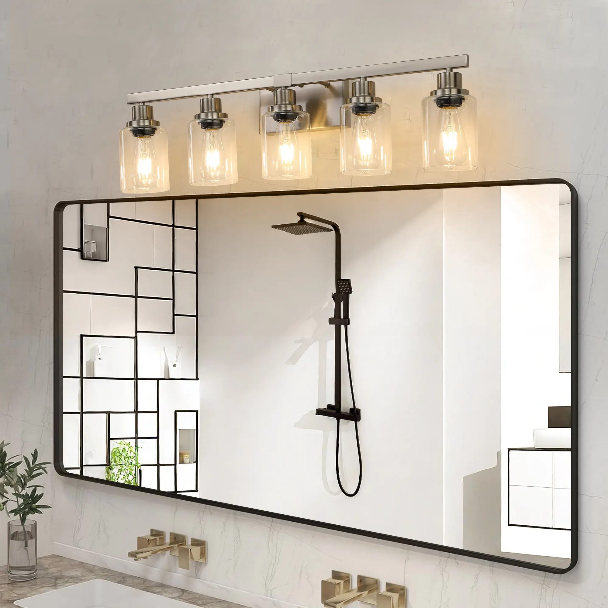 Modern Brushed Nickel 5-Light Clear Glass Vanity Light, 31 in, image 4 of 11