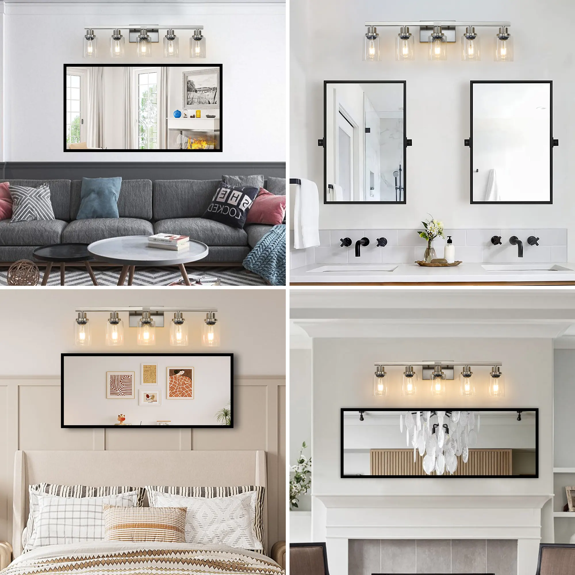 Modern Brushed Nickel 5-Light Clear Glass Vanity Light, 31 in, image 5 of 11