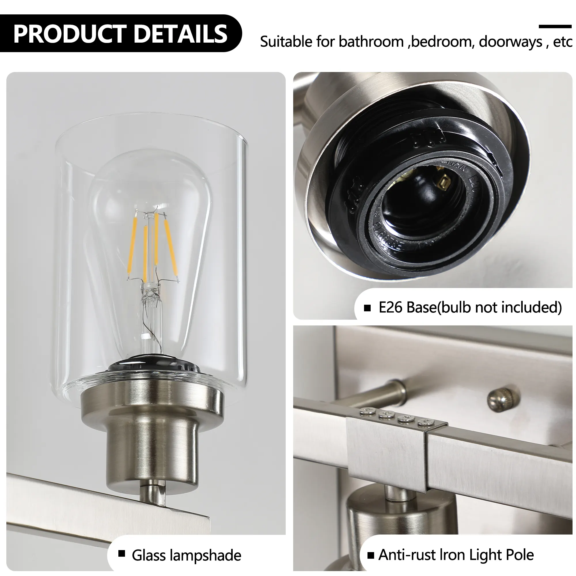 Modern Brushed Nickel 5-Light Clear Glass Vanity Light, 31 in, image 6 of 11