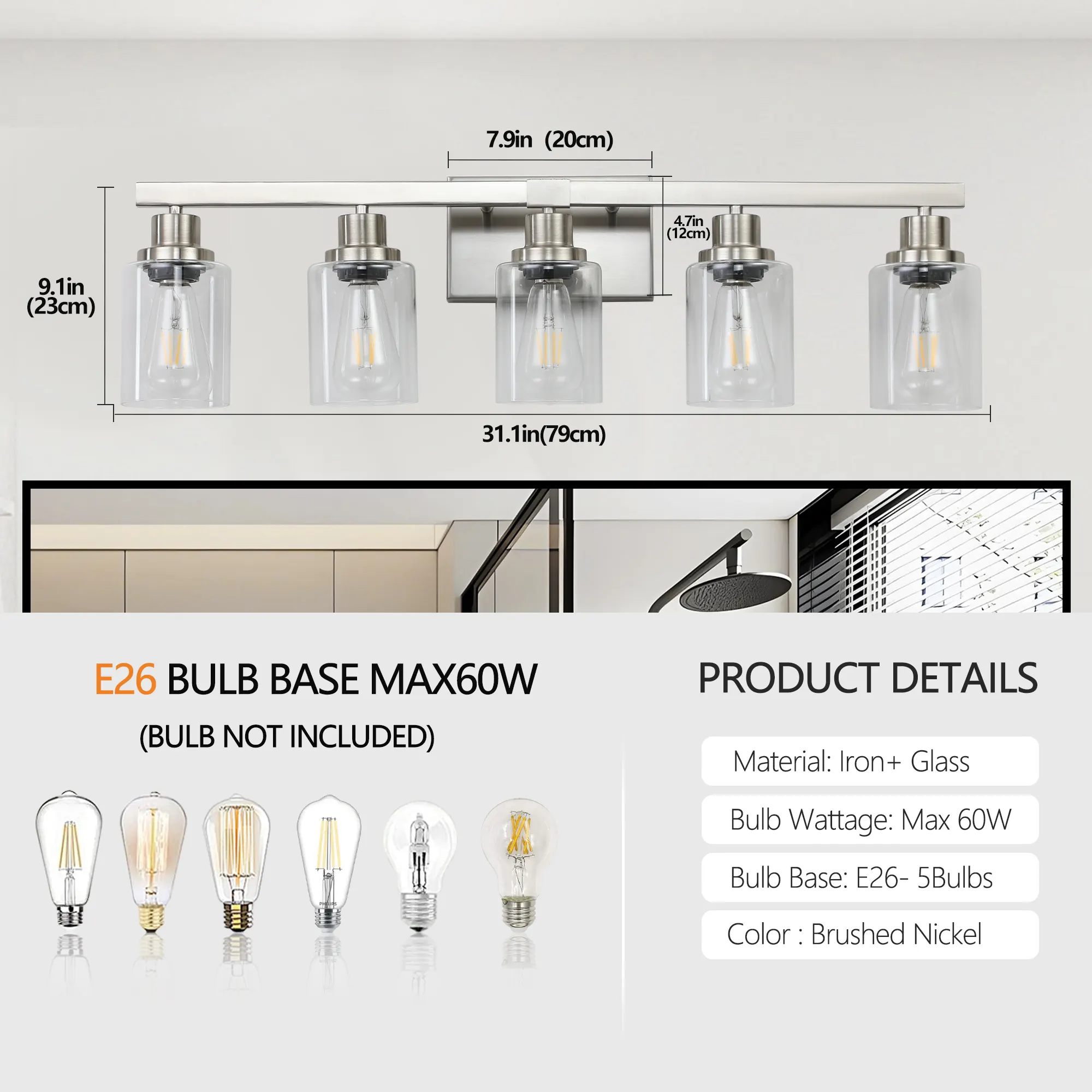 Modern Brushed Nickel 5-Light Clear Glass Vanity Light, 31 in, image 9 of 11