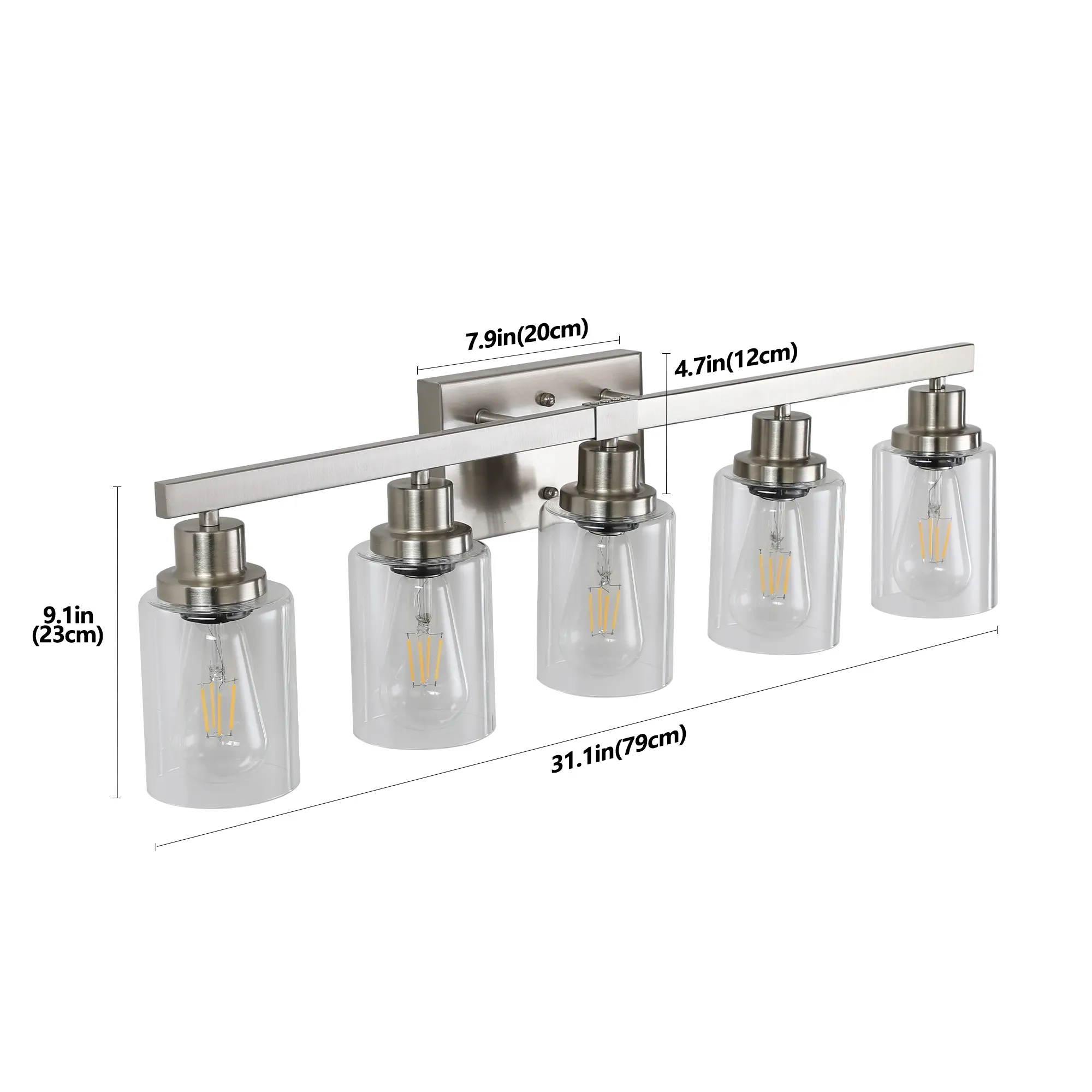 Modern Brushed Nickel 5-Light Clear Glass Vanity Light, 31 in, image 10 of 11