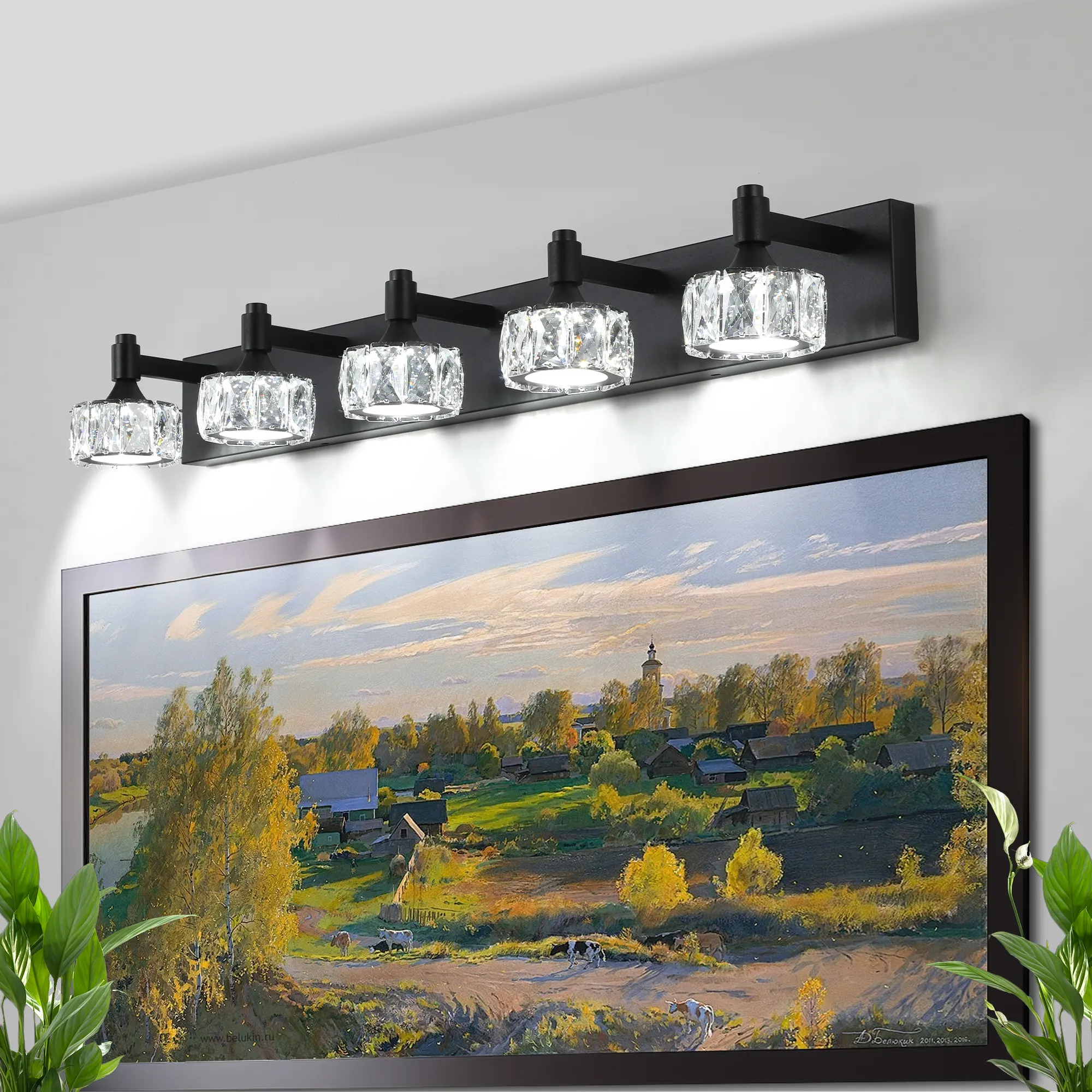 Modern Matte Black 5-Light Glass Vanity Light, image 2 of 9