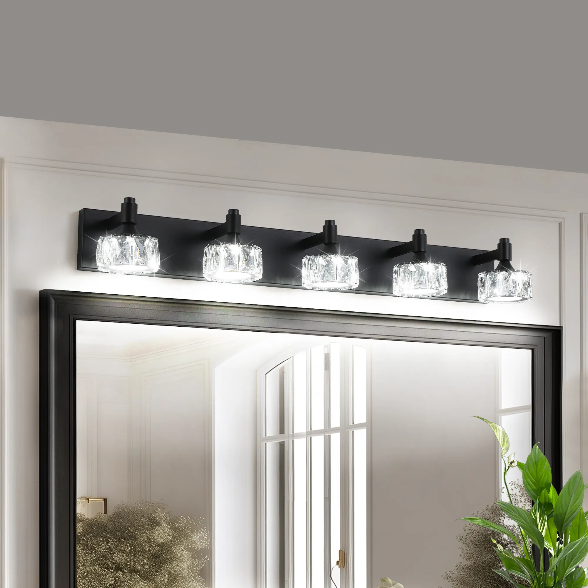 Modern Matte Black 5-Light Glass Vanity Light, image 3 of 9