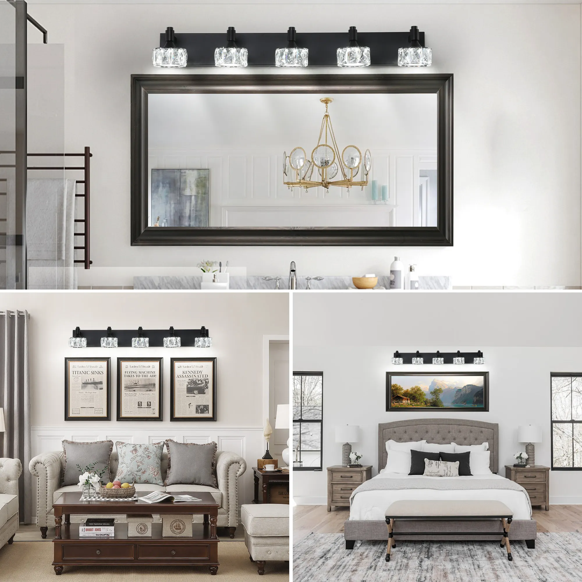 Modern Matte Black 5-Light Glass Vanity Light, image 4 of 9