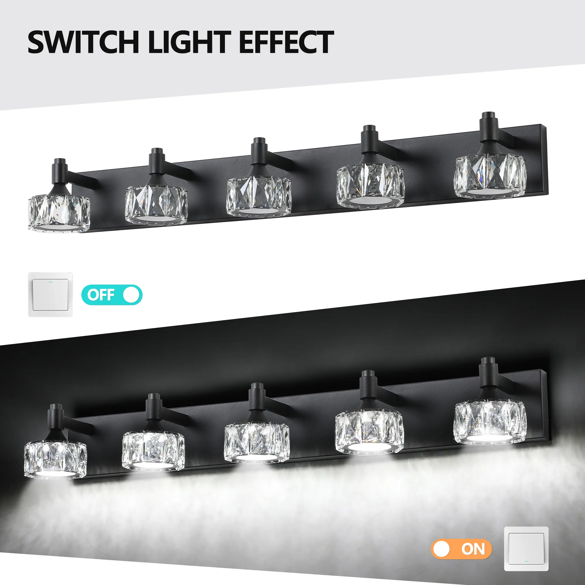 Modern Matte Black 5-Light Glass Vanity Light, image 6 of 9