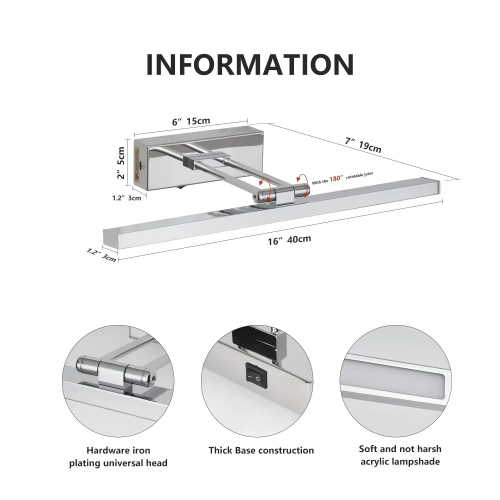 Modern Chrome Vanity Light, 16 in · Dimmable, image 8 of 8