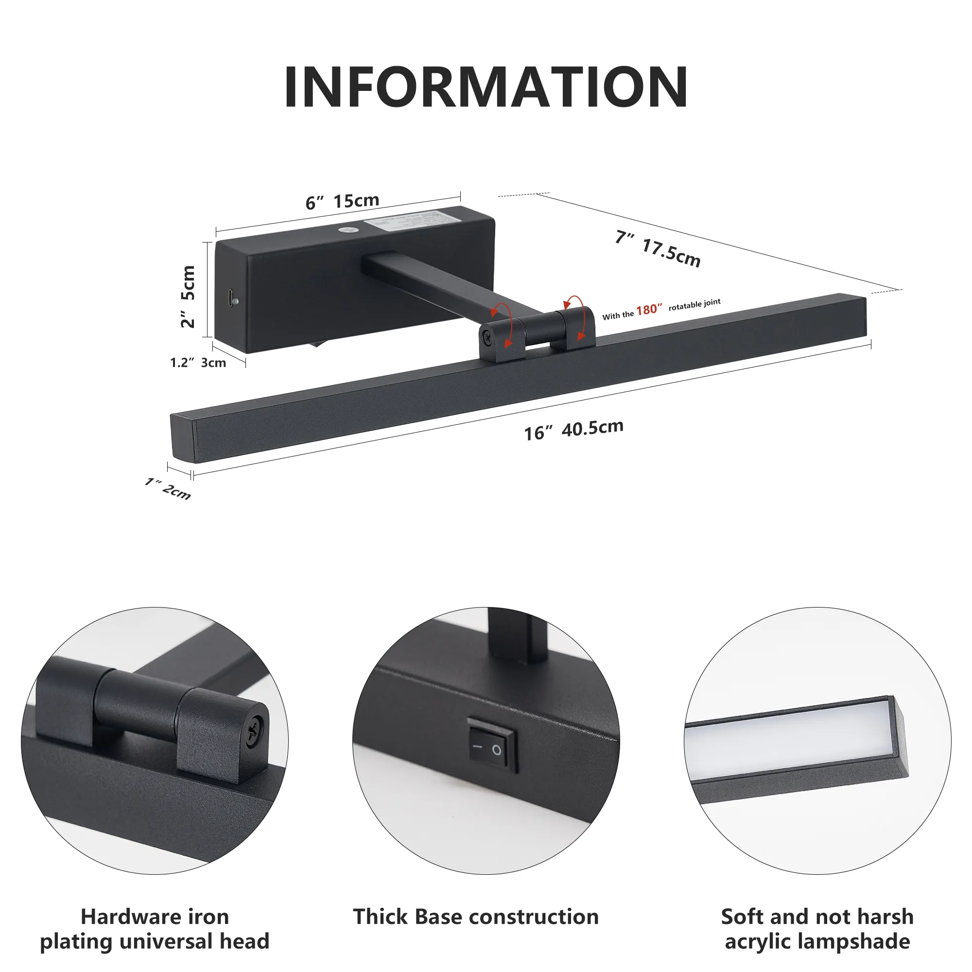 Modern Black Vanity Light, 16 in · Dimmable, image 7 of 8