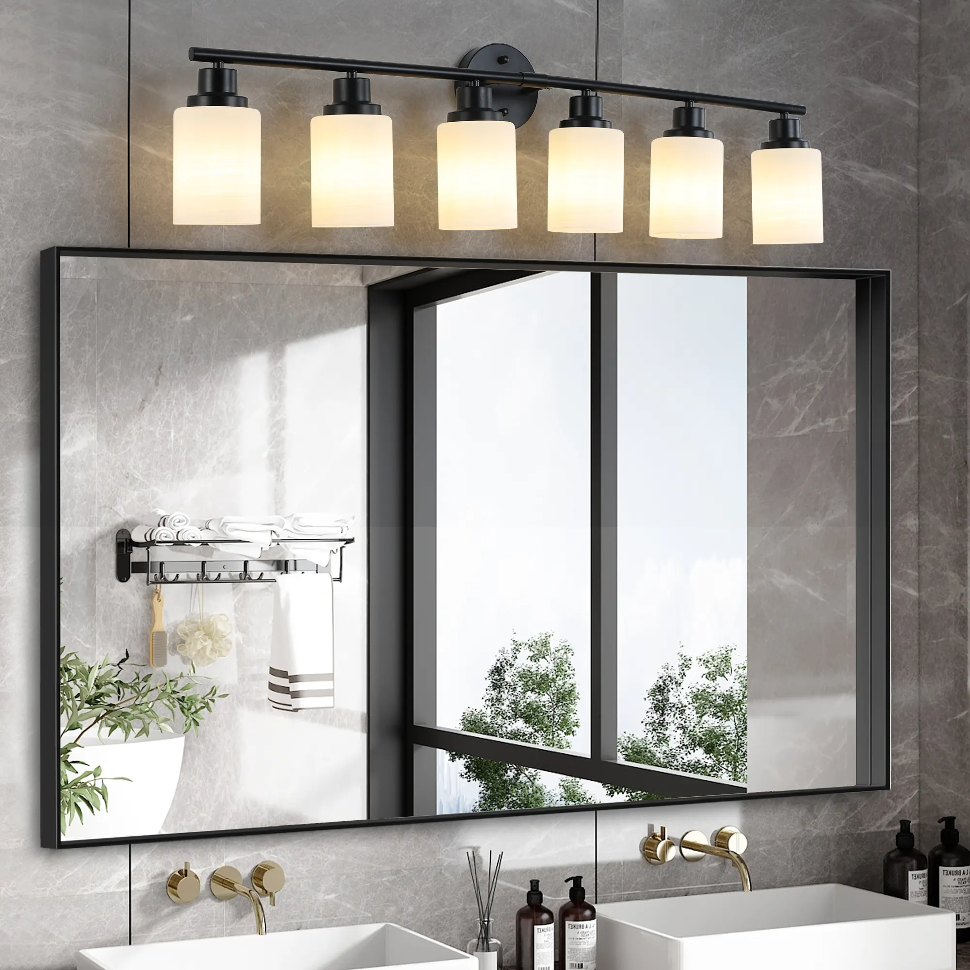 Modern Black 6-Light Frosted Glass Vanity Light, 39 in, image 2 of 9