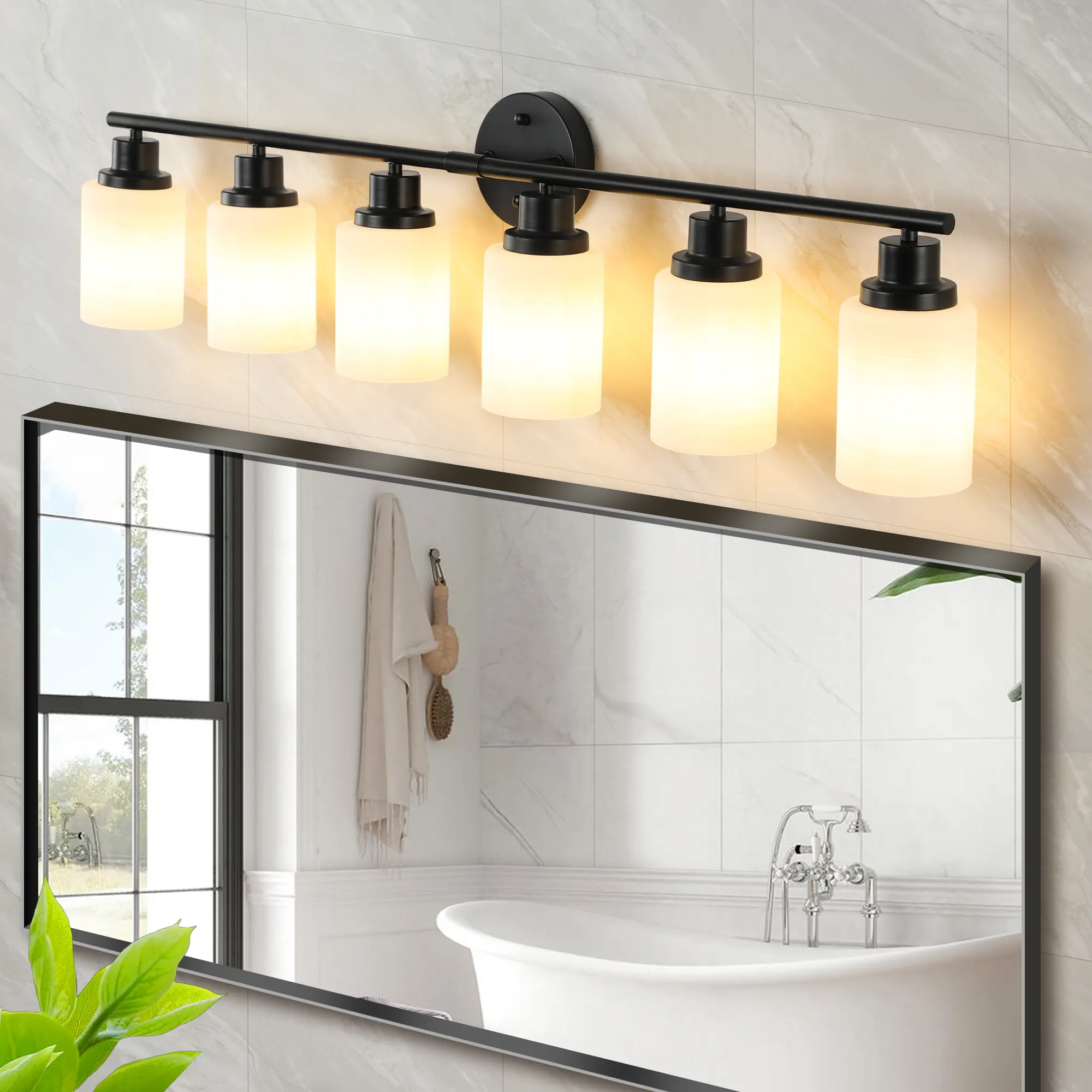 Modern Black 6-Light Frosted Glass Vanity Light, 39 in, image 4 of 9