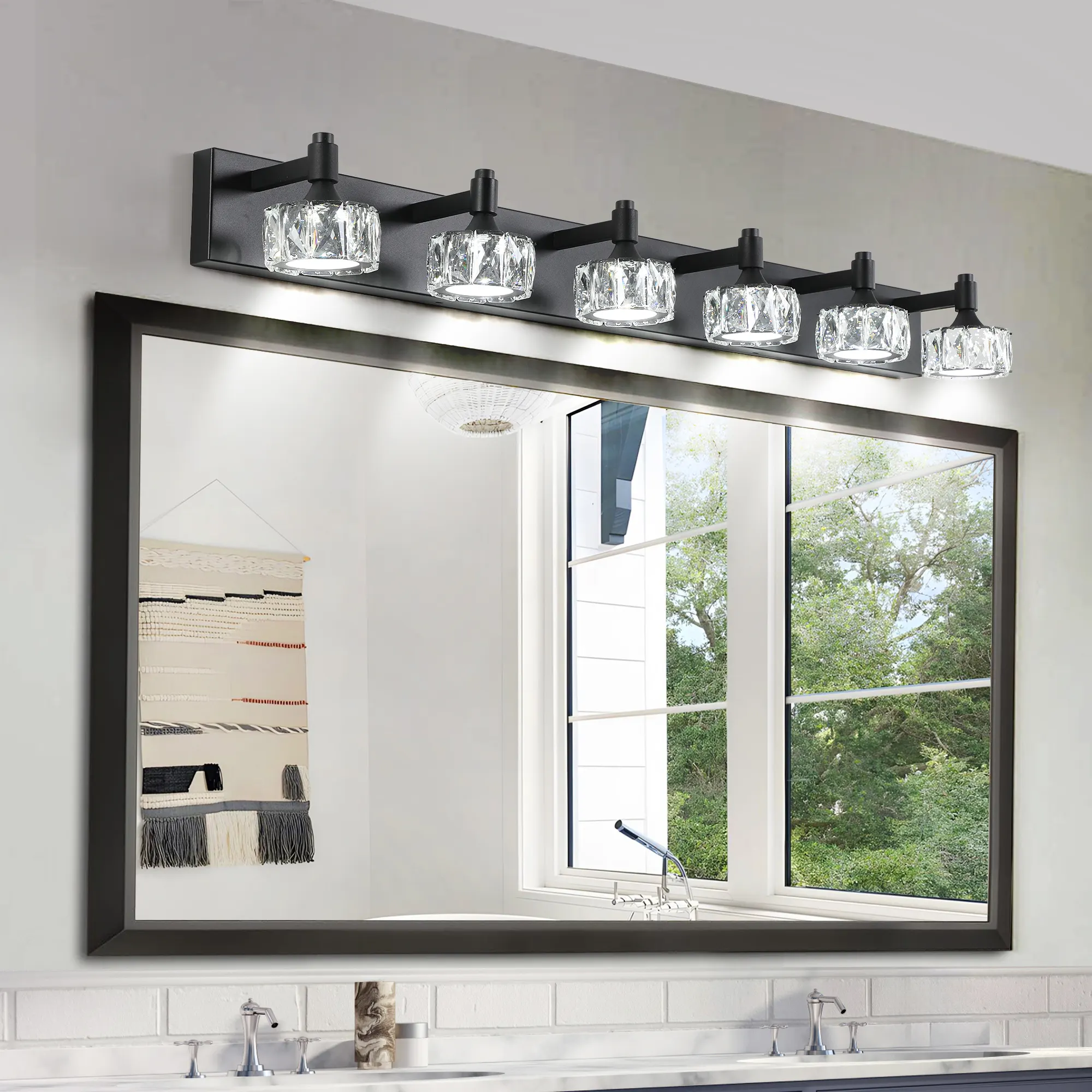 Modern Matte Black 6-Light Glass Vanity Light, image 2 of 9