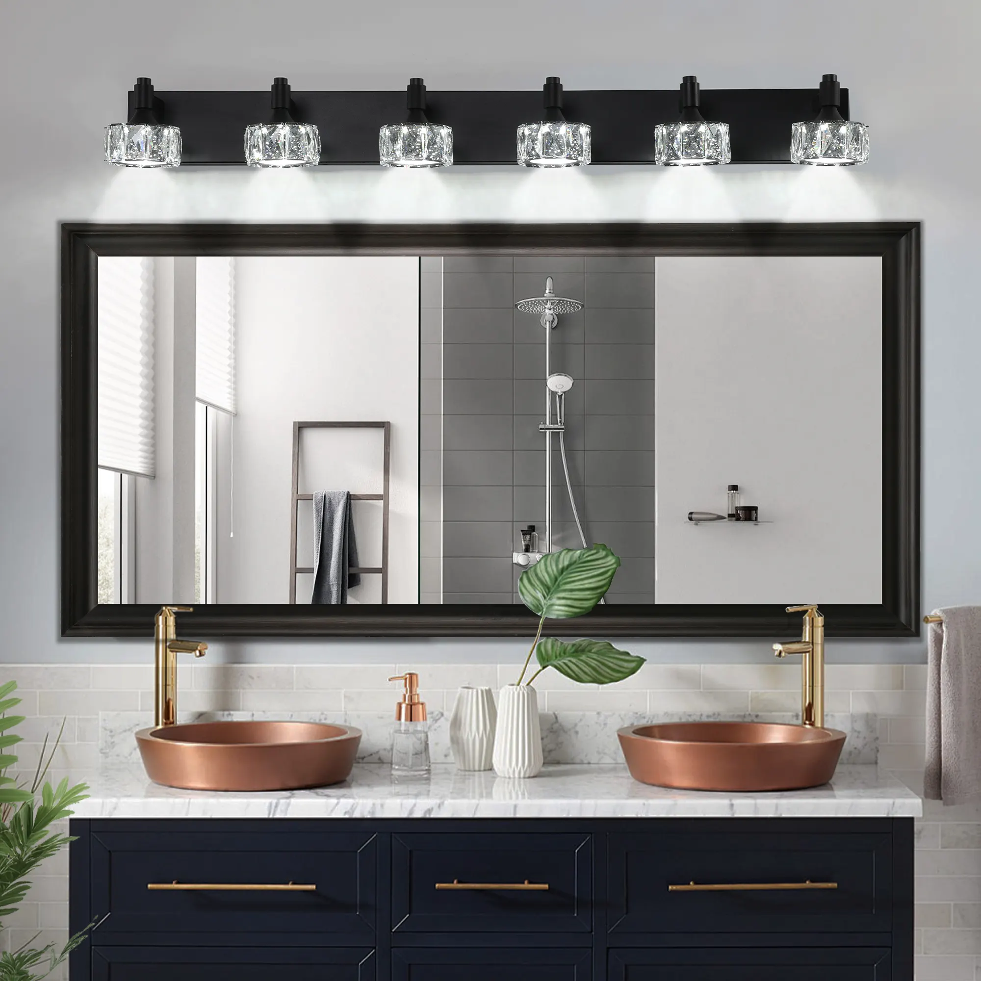 Modern Matte Black 6-Light Glass Vanity Light, image 3 of 9