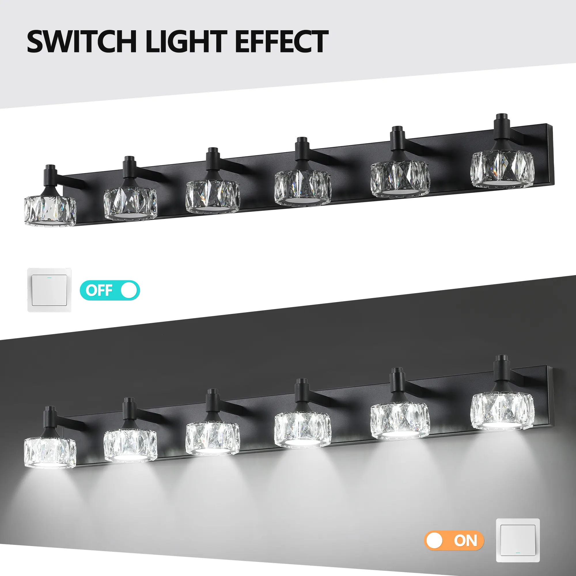 Modern Matte Black 6-Light Glass Vanity Light, image 5 of 9