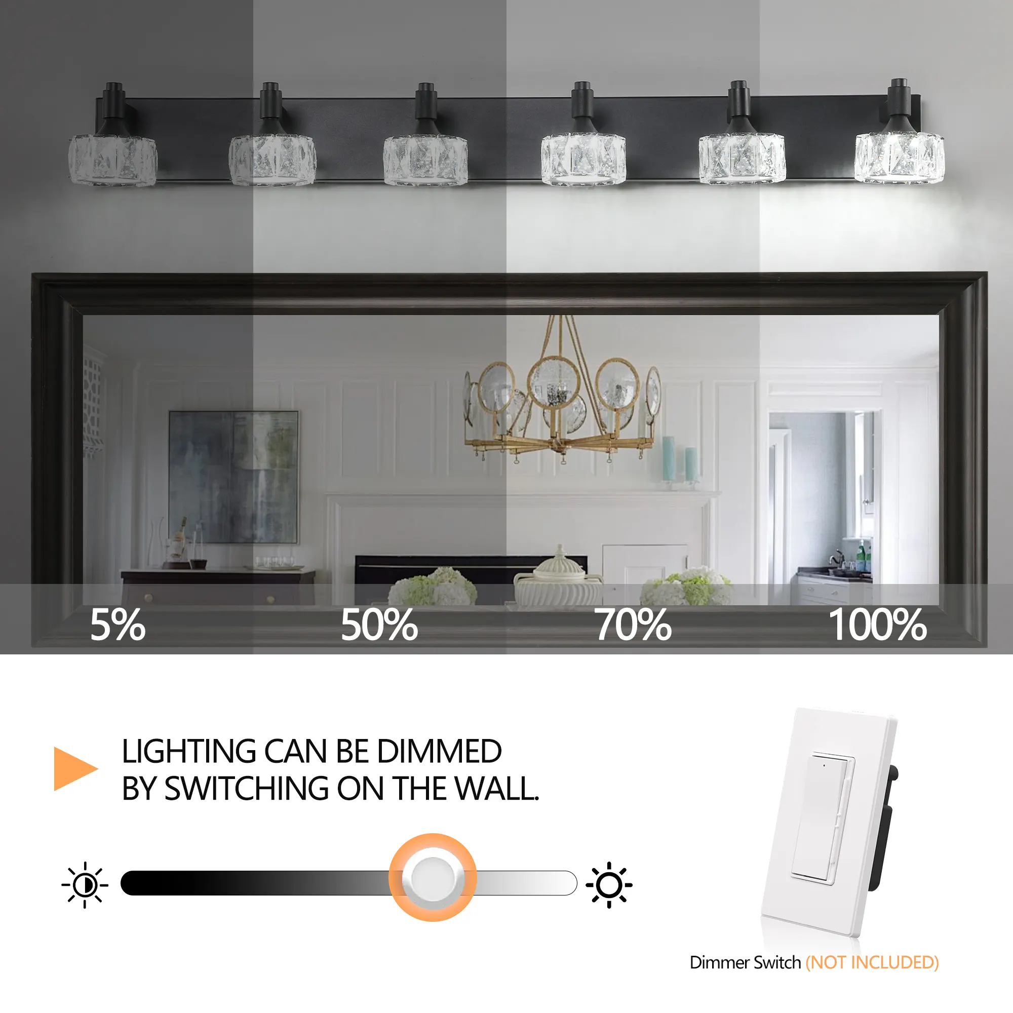 Modern Matte Black 6-Light Glass Vanity Light, image 6 of 9