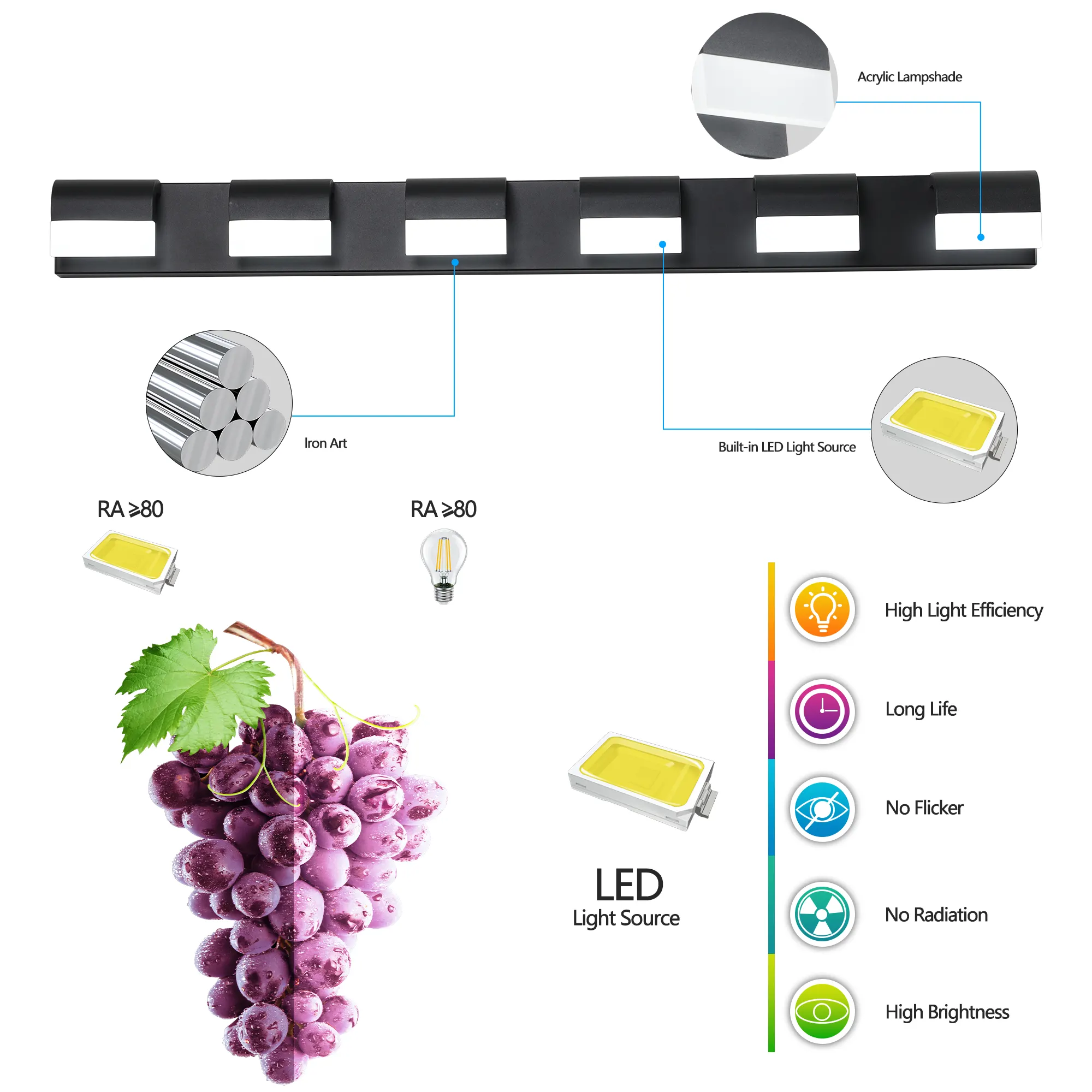 Black 6-Light Acrylic Vanity Light, Dimmable, image 9 of 11