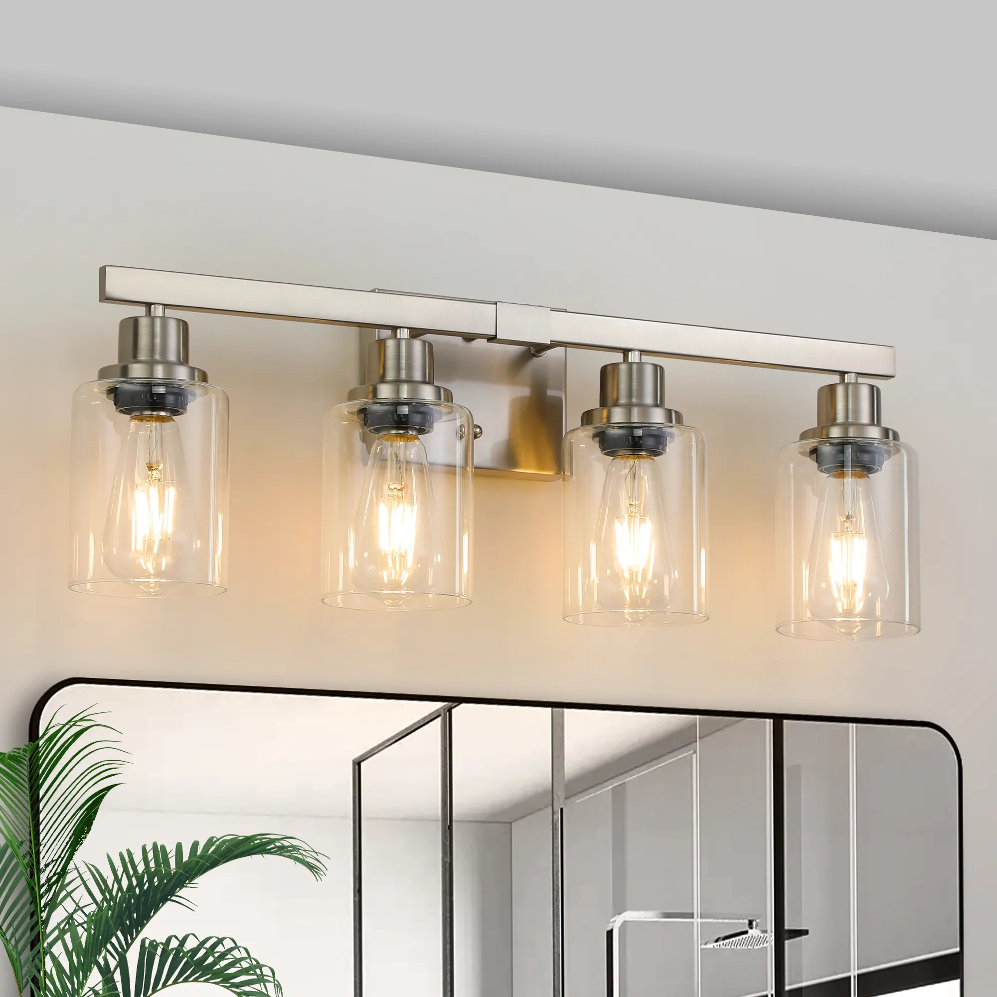 Modern Brushed Nickel 4-Light Clear Glass Vanity Light, 24 in, image 2 of 11